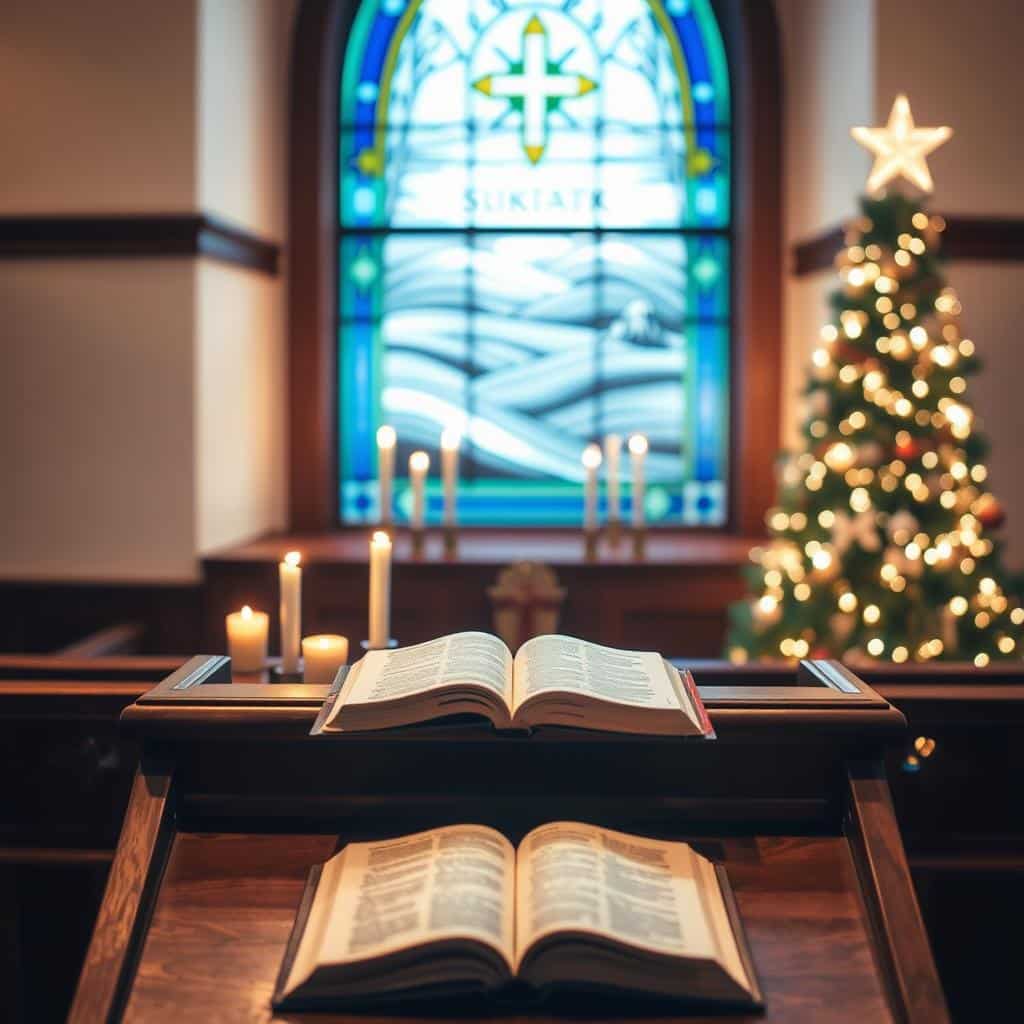 A serene, cozy corner of a church sanctuary on the fourth Sunday of Advent. Soft, warm lighting illuminates the scene, casting a peaceful, contemplative atmosphere. In the foreground, a wooden lecturn with a single open book rests on it, representing the Gospel message. Behind it, a stained-glass window depicting a wintery, pastoral landscape glows with a heavenly radiance. Candles flicker on the windowsill, their flames dancing gently. In the background, a Christmas tree decked with twinkling lights stands tall, symbolizing the arrival of the Savior. This tranquil setting invites the viewer to pause and reflect on the sacred meaning of the Advent season.