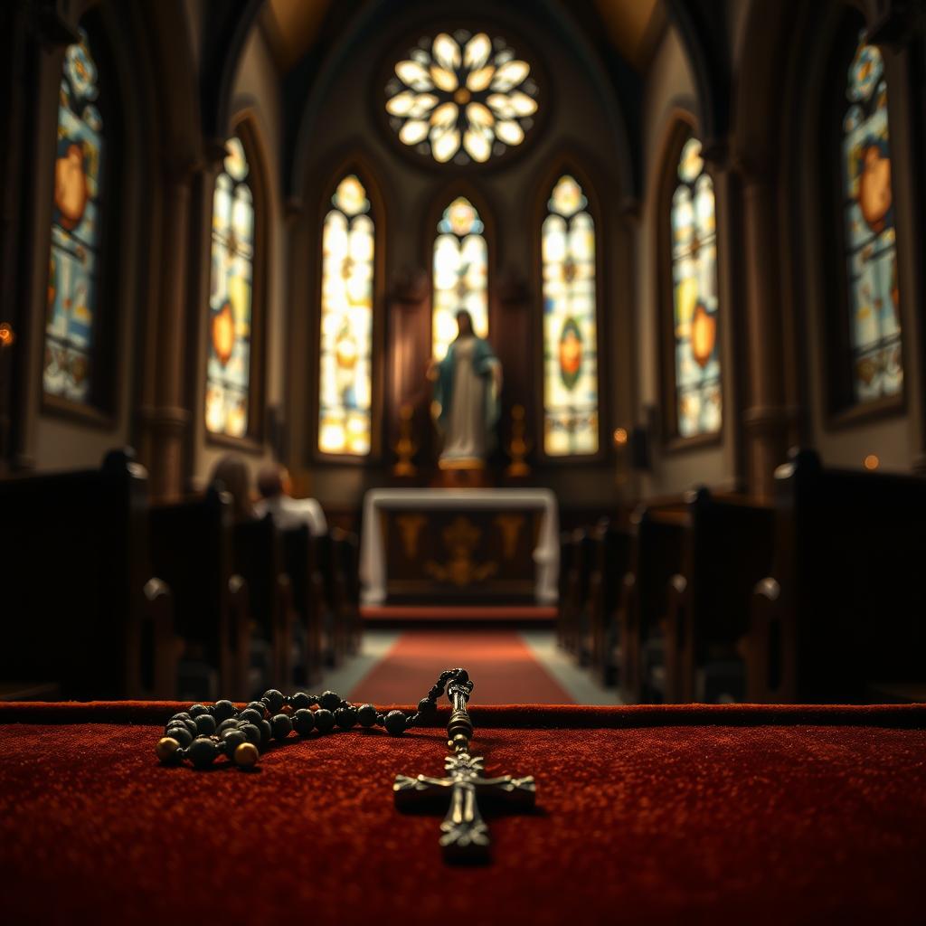 A serene, dimly lit Catholic church interior. In the foreground, a wooden rosary with ornate beads and a crucifix pendant rests on a velvet-lined pew. The middle ground features a central altar adorned with a statue of the Virgin Mary, her hands extended in a gesture of intercession. Soft, warm lighting filters through stained glass windows, casting a reverent glow throughout the space. The background comprises ornate Gothic-style architecture, with vaulted ceilings and intricate stone arches. A contemplative, devotional atmosphere permeates the scene, evoking the Church's teachings on Mary's intercessory role.