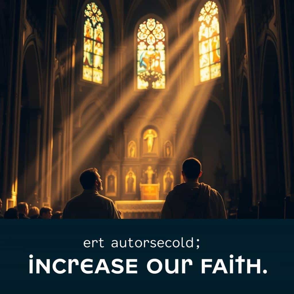 A serene, dimly lit cathedral interior with rays of warm, golden light streaming through stained glass windows. In the foreground, two apostles kneel in prayer, their faces uplifted with earnest expressions, seeking the Lord's guidance and a deeper faith. The middle ground features an ornate altar adorned with religious iconography, casting a soft, reverent glow. The background fades into shadowy, atmospheric depth, suggesting the vastness and mystery of the divine. The overall mood is one of contemplation, reverence, and a humble longing for the Lord to "increase our faith."
