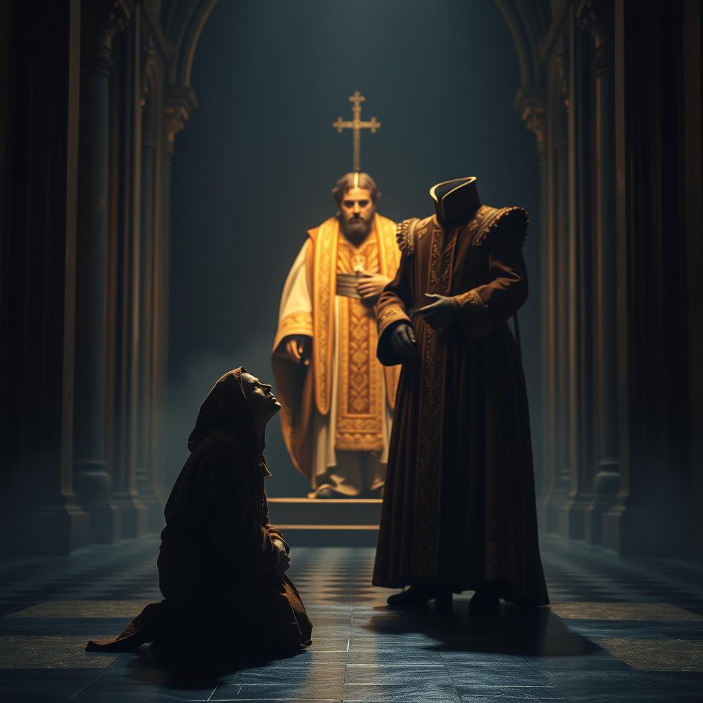 A serene, dimly lit cathedral interior. In the foreground, a figure clad in humble, modest robes kneels in quiet contemplation, their face radiating a sincere, humble spirit. In the middle ground, another figure stands tall, adorned in ornate, ostentatious garments, their expression haughty and self-assured. The contrasting figures are bathed in soft, warm light, symbolizing the difference between true righteousness and self-righteousness. The background is shrouded in shadows, creating an atmosphere of introspection and spiritual reflection. The scene conveys a sense of timelessness, inviting the viewer to contemplate the nature of genuine piety.