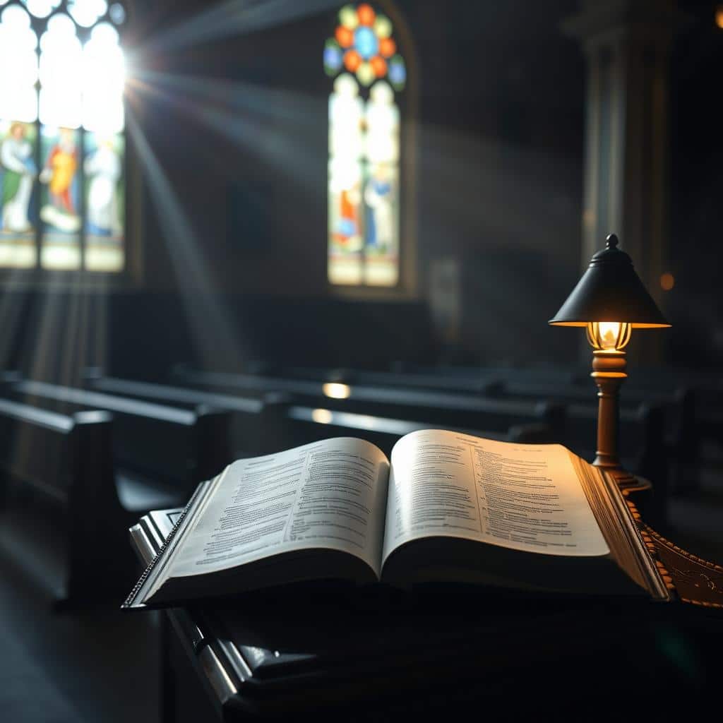 A serene, dimly lit church interior bathed in the warm glow of reading lights. Sunlight streams through stained glass windows, casting a gentle, contemplative atmosphere. In the foreground, an open Bible rests on a carved wooden lectern, its pages illuminated by a single reading lamp. The middle ground features pews in soft focus, creating a sense of depth and reverence. The background blends into shadows, emphasizing the tranquility and solemnity of the sacred space. The overall composition evokes a feeling of spiritual introspection and the power of the written word to inspire peace and understanding.