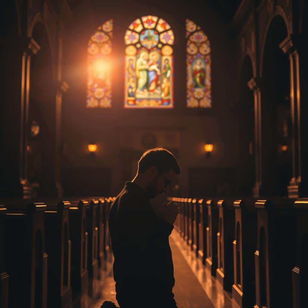 A serene, dimly lit church interior with a stained glass window casting warm, multicolored light over a prayerful figure kneeling in the foreground. The figure's hands are clasped, head bowed in contemplation, their expression one of deep reverence. In the middle ground, rows of wooden pews recede into the shadows, creating a sense of quiet solitude. The background features ornate architectural details - arched ceilings, intricate moldings - that evoke a timeless, sacred atmosphere. The scene is captured with a soft, cinematic lens that enhances the contemplative mood, bathed in a golden, ethereal glow.