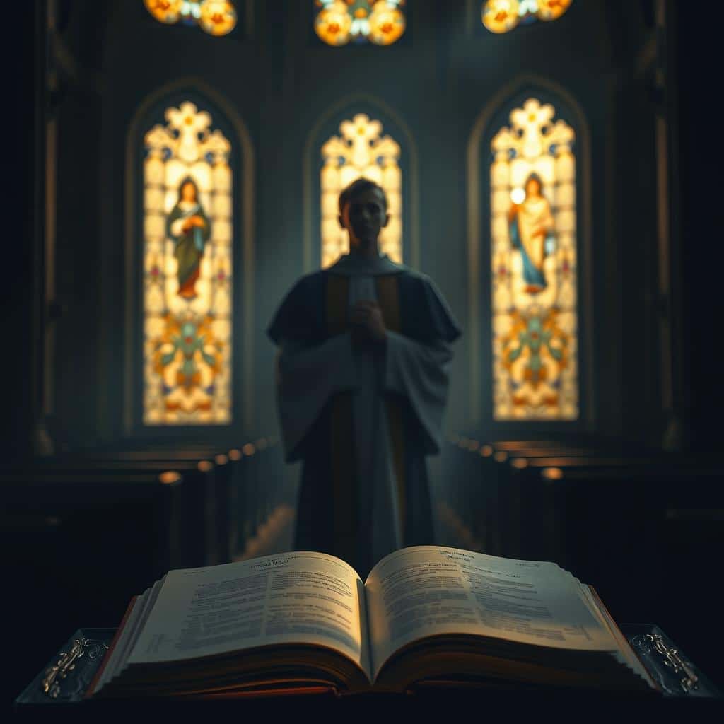 A serene, dimly lit church interior, with soft, golden light filtering through stained glass windows. In the foreground, an open book rests on a lectern, its pages glowing with a sense of ethereal illumination, representing the liturgical readings. In the middle ground, a solitary figure, robed in a flowing, dignified cassock, stands reverently, their face cast in a contemplative expression, conveying a message of hope and solemnity. The background fades into shadowy, yet comforting, architectural details, evoking a timeless, sacred atmosphere. The overall scene evokes a profound sense of spiritual contemplation and the enduring promise of eternal life.