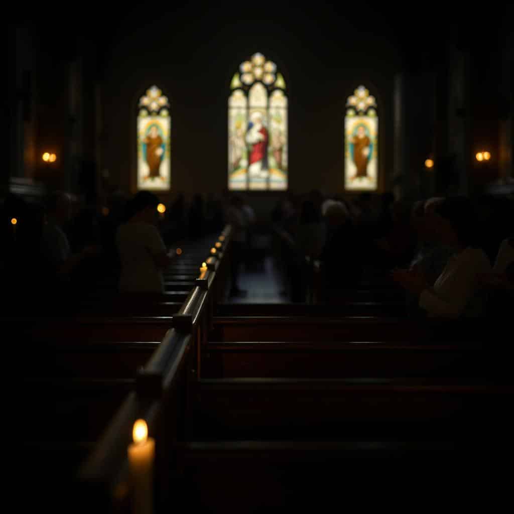 A serene, dimly lit church interior. Rows of wooden pews in the foreground, the soft glow of candles flickering. In the middle ground, congregants kneeling in prayer, their hands clasped, faces uplifted. Stained glass windows cast muted, colorful light, creating a contemplative atmosphere. The background fades into shadowy recesses, a sense of reverence and sacred stillness permeating the scene. Warm, diffused lighting illuminates the solemn gathering, inviting the viewer to pause and join in quiet reflection.