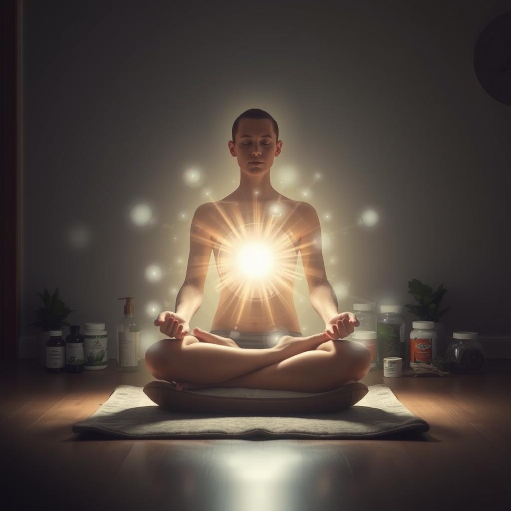 A serene, dimly lit interior setting. In the foreground, a person sits cross-legged on a meditation cushion, their hands resting gently on their knees. They are surrounded by a shimmering, translucent energy field that emanates from their body, creating a protective barrier against low-frequency electromagnetic radiation. In the background, a variety of natural supplements and herbs are artfully arranged, suggesting their potential to nourish and fortify the body. The lighting is soft and diffuse, creating a calming, introspective atmosphere. The overall composition conveys a sense of balance, resilience, and self-care in the face of environmental challenges.