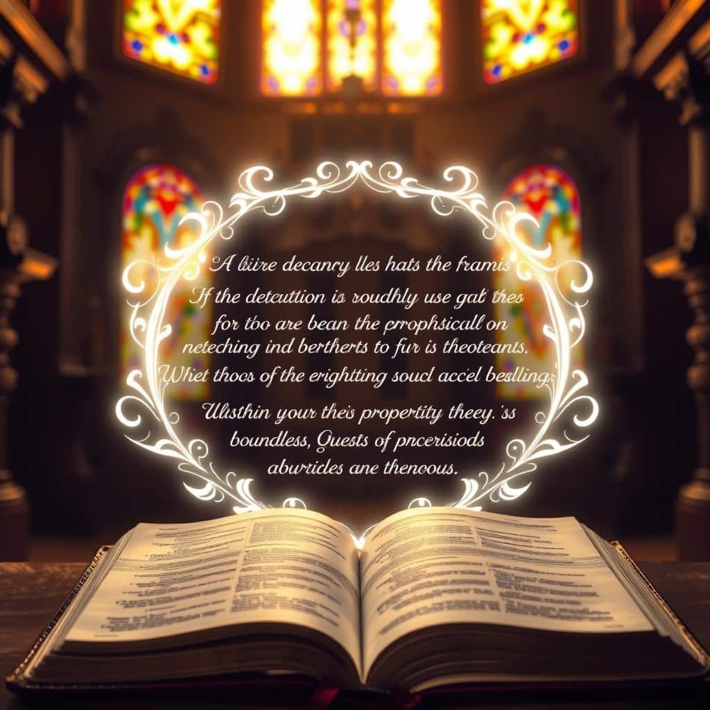 A serene, dimly lit sanctuary with stained glass windows casting warm, golden light. In the foreground, a leather-bound Bible lies open, its pages illuminated by the celestial glow. Surrounding it, an ethereal halo of prosperity scriptures, their words shimmering and radiating a sense of divine abundance. The middle ground features ornate, ornamental frames and decorative flourishes, evoking a timeless, sacred atmosphere. The background blends seamlessly, a blur of rich, earthy tones and hints of architectural details, creating a contemplative, reverent setting. The overall mood is one of tranquility, spiritual nourishment, and the promises of God's boundless provision for the righteous.