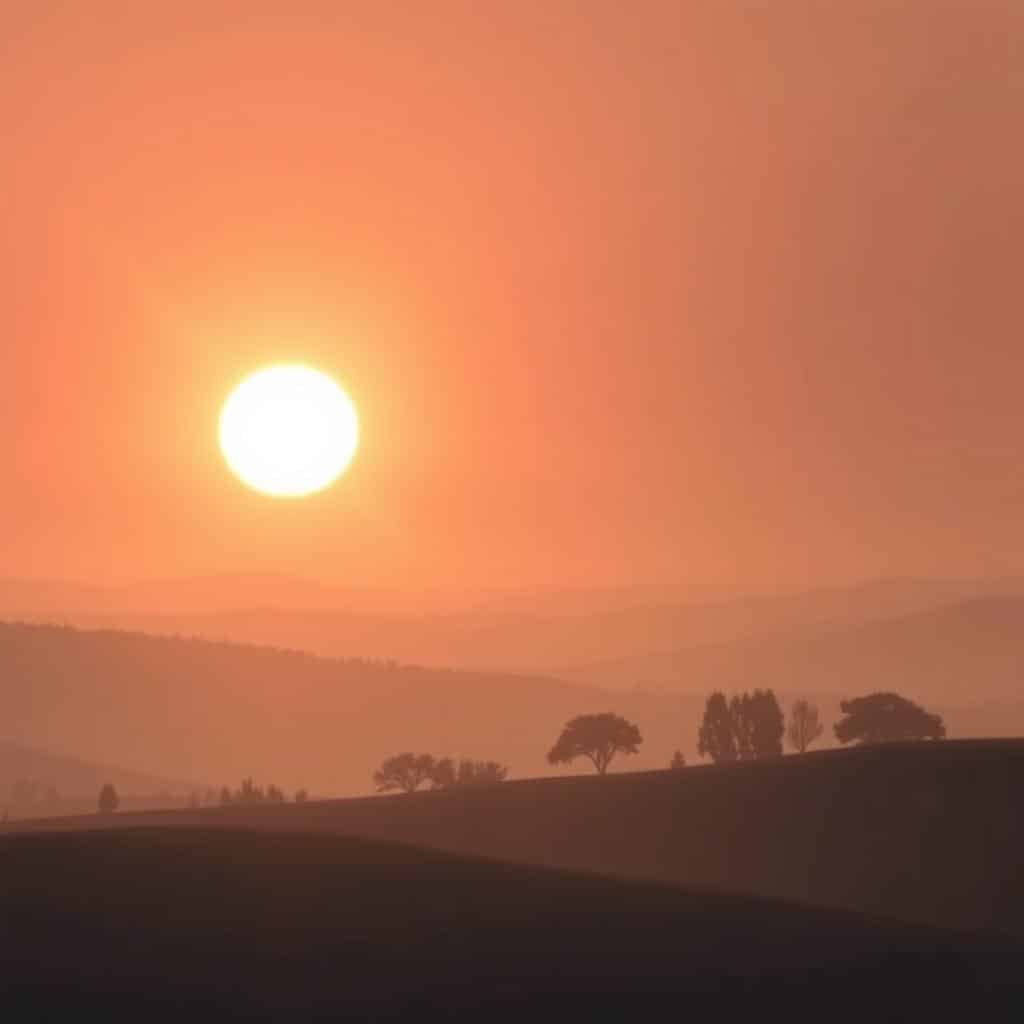 A serene, ethereal dawn scene bathed in soft, diffused light. In the foreground, a glowing halo of radiance emanates from an unseen divine source, casting a warm, tranquil glow over the landscape. In the middle ground, the silhouettes of gentle hills and trees stand in peaceful contrast, their forms subtly illuminated. The background fades into a hazy, contemplative sky, hues of pink and gold blending seamlessly. The overall mood is one of quiet contemplation, a sense of the sacred and the transcendent permeating the scene. Crisp, high-resolution, photorealistic, cinematic lighting and composition.