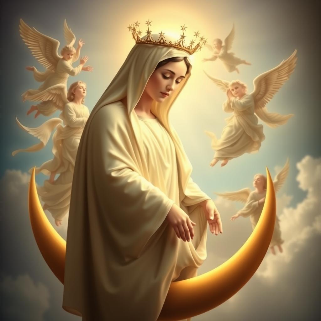A serene, ethereal depiction of the Blessed Virgin Mary's Immaculate Conception. In the foreground, a radiant Mary, her head crowned with stars, stands gracefully on a crescent moon, her gentle gaze downcast. Soft, golden light emanates from behind, illuminating her face and drapery. In the middle ground, heavenly figures, angels, and cherubim swirl in an intricate celestial dance, their wings outstretched. The background fades into a dreamlike, azure sky, hinting at the divine mystery and the profound theological significance of this event in the life of the Mother of God.