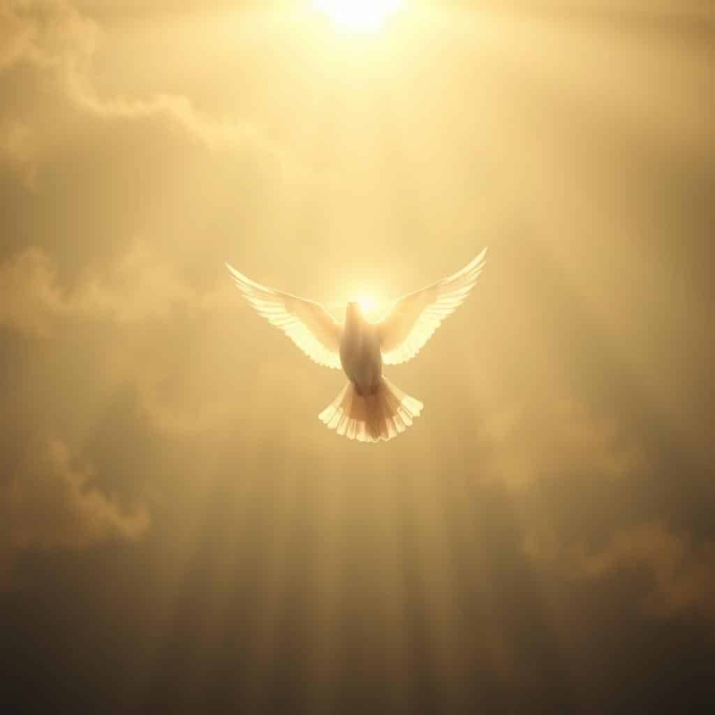 A serene, ethereal depiction of the Holy Spirit, captured in a breathtaking, cinematic style. In the foreground, a radiant, dove-like figure hovers gracefully, its translucent wings outstretched, emanating a warm, golden glow. The middle ground features a softly-lit, celestial backdrop, with wispy clouds and beams of heavenly light, conveying a sense of divine presence. In the background, a muted, hazy sky sets the scene, casting a contemplative, reverent atmosphere. Lighting is dramatic, with subtle chiaroscuro effects, creating depth and emphasizing the spiritual essence of the subject. The overall composition is balanced, evocative, and imbued with a sense of sacred, transcendent wonder.