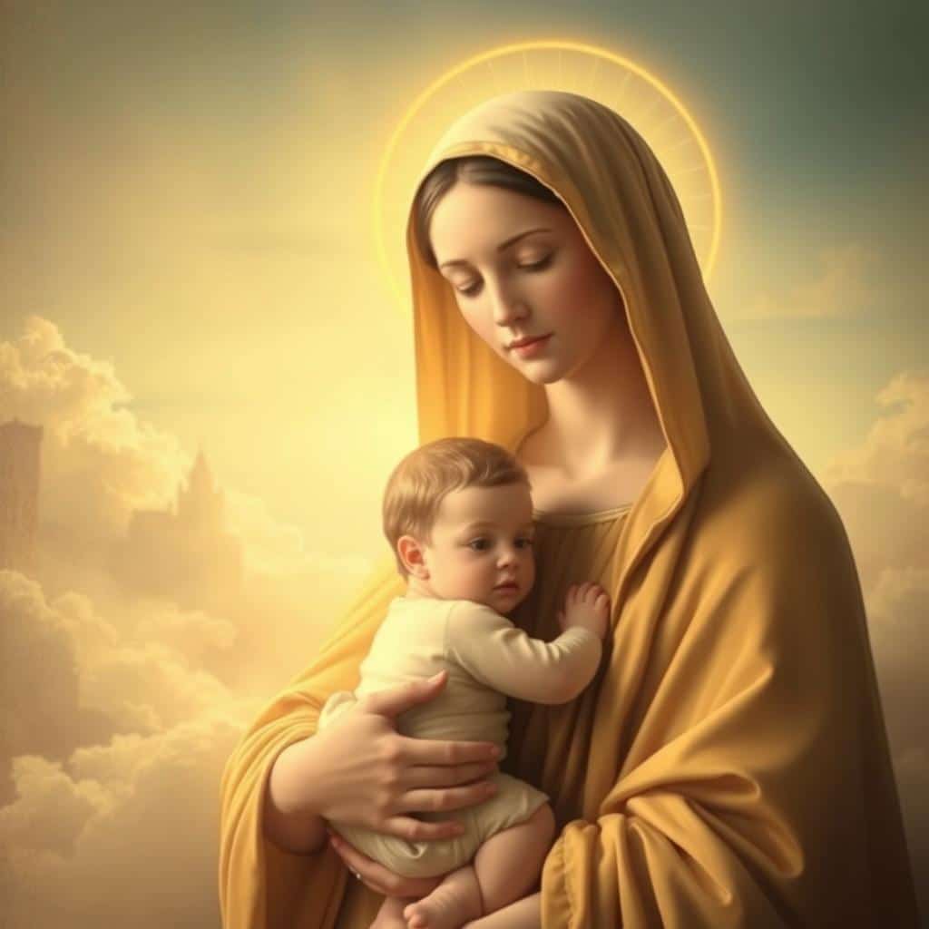 A serene, ethereal depiction of the Mother God, bathed in a warm, heavenly glow. In the foreground, the Virgin Mary, her face radiating a serene, maternal grace, holds the infant Jesus tenderly in her arms. The middle ground features a backdrop of soft, heavenly light, with delicate wisps of clouds drifting by. In the distance, a faint outline of a celestial city, evoking a sense of the divine. The lighting is soft, diffused, and reminiscent of Renaissance paintings, conveying a contemplative, reverent atmosphere. The overall composition is balanced and harmonious, drawing the viewer's focus to the central figure of the Mother and Child.