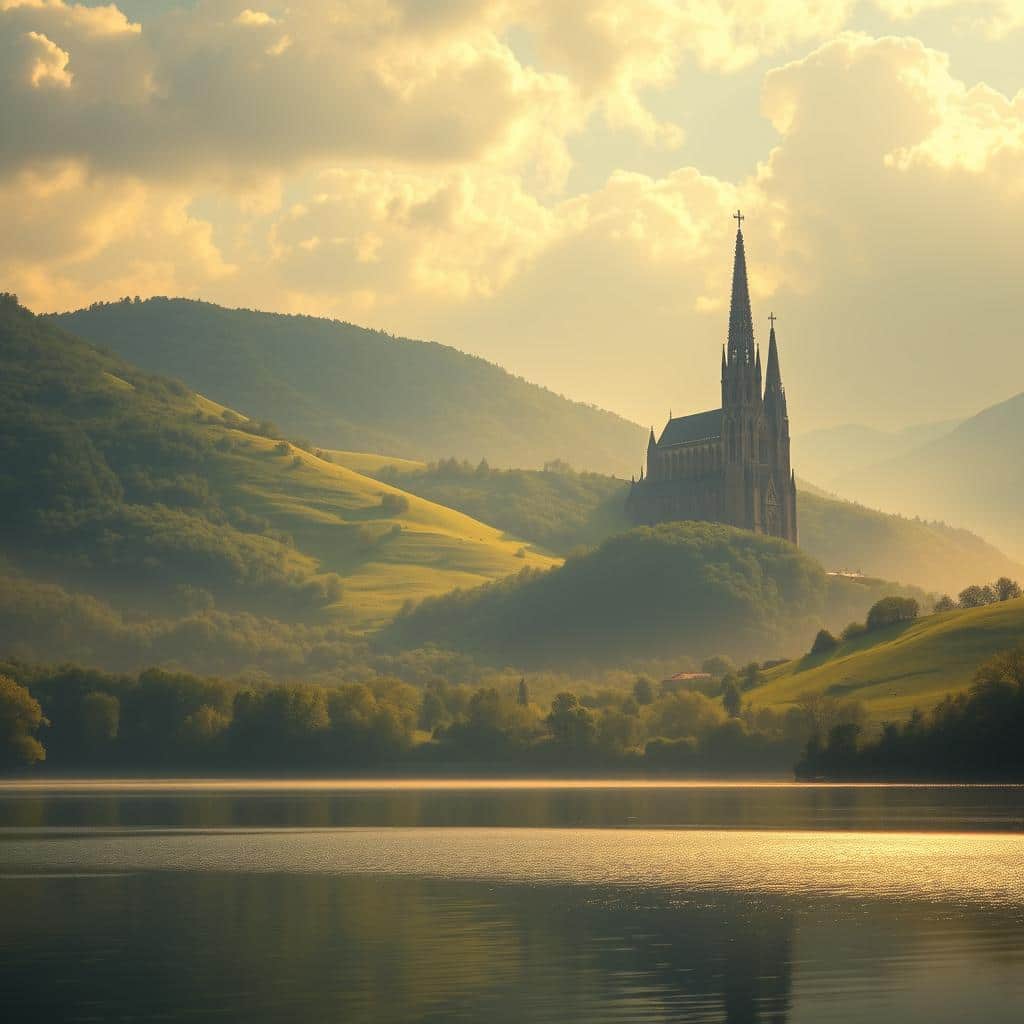 A serene, ethereal landscape depicting the responsorial psalm from Psalm 24. In the foreground, a tranquil lake reflects the heavens above, symbolizing the spiritual journey towards the divine. The middle ground features lush, verdant hills, representing the path that leads to the "hill of the Lord" and the "dwelling place of the Lord." In the background, a magnificent cathedral stands tall, its spires reaching towards the heavens, inviting the viewer to enter the sacred space and experience the wonder of the Lord. The scene is bathed in a warm, golden light, conveying a sense of reverence and contemplation. Subtle religious iconography, such as crosses or biblical symbols, may be incorporated to further reinforce the thematic elements.