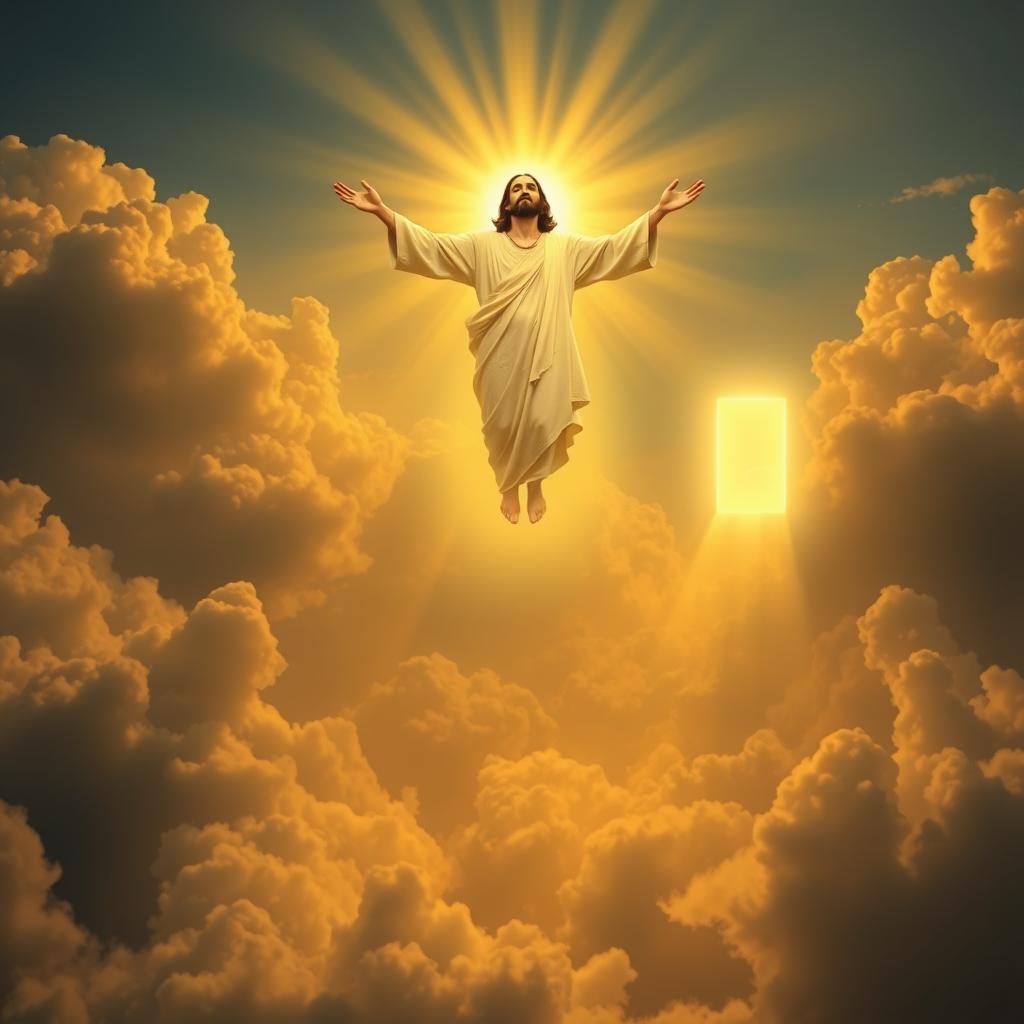 A serene, ethereal scene of the Second Coming of Christ. In the foreground, Christ descends from the heavens, radiating an otherworldly glow, his outstretched hands offering benediction. In the middle ground, clouds part to reveal a celestial landscape, bathed in golden light. In the background, a glowing portal of divine energy opens, casting an ethereal luminescence across the scene. The overall atmosphere is one of awe, reverence, and the transcendent power of the divine.