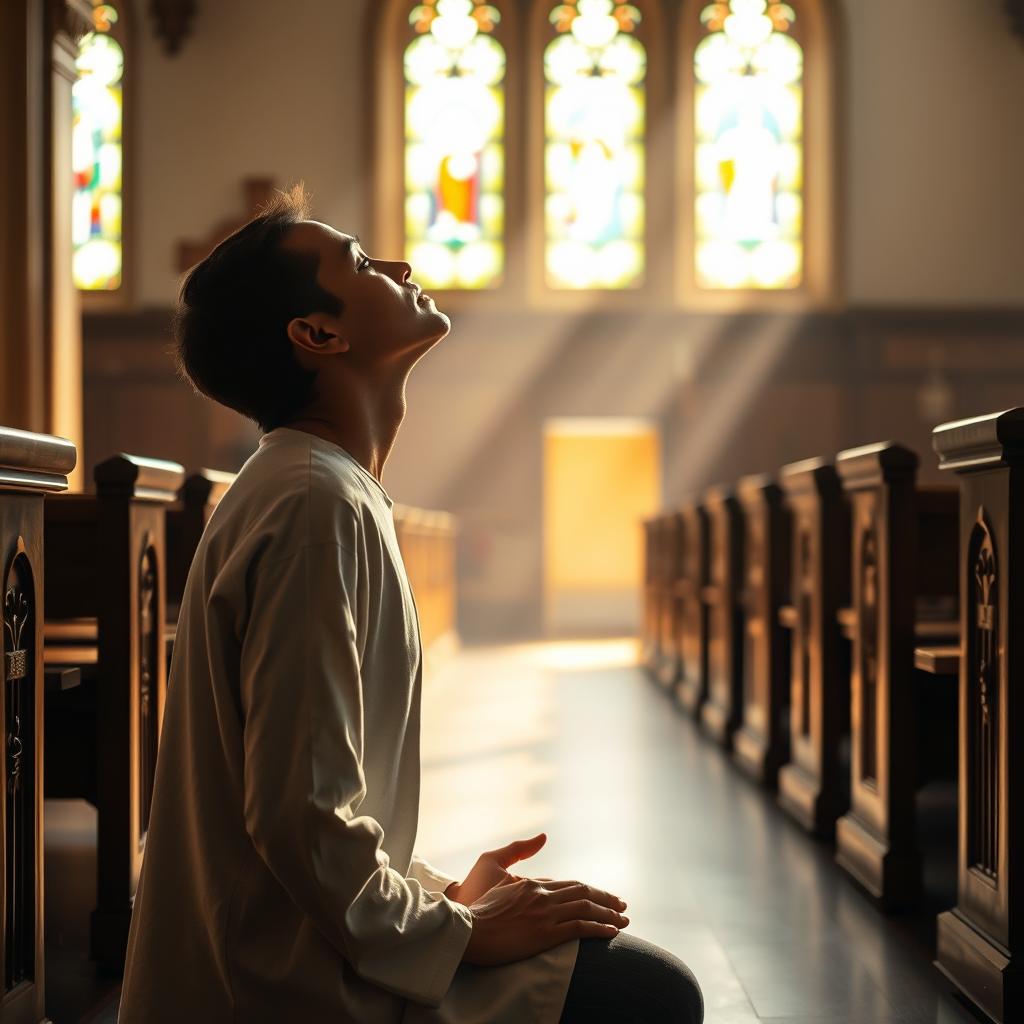 A serene figure kneeling in prayer, their face upturned with a look of deep contemplation, bathed in soft, warm light filtering through stained glass windows. The background features a simple, reverent church interior, with wooden pews and ornate architectural details evoking a sense of timeless devotion. The overall atmosphere conveys a profound stillness and unwavering focus, capturing the essence of persistence in prayer.