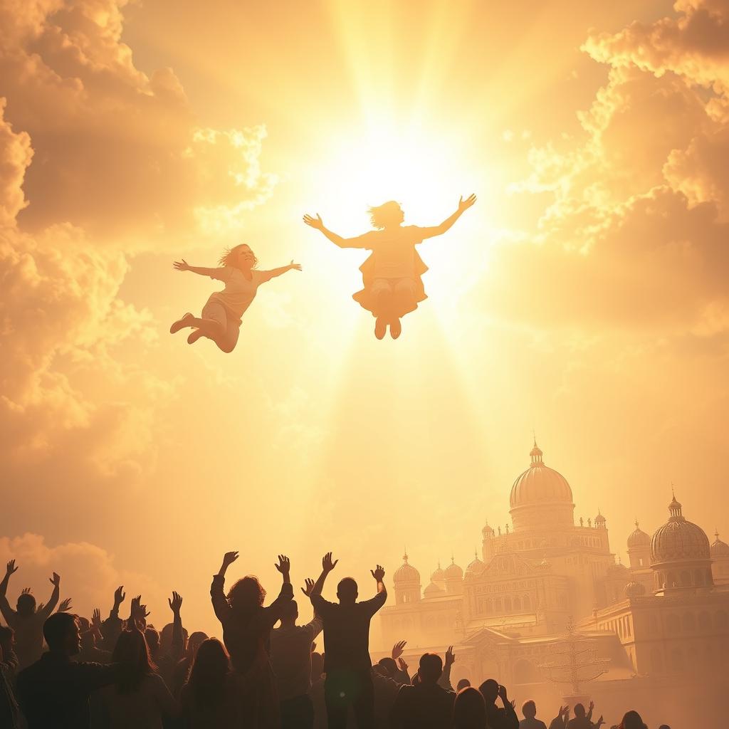 A serene, heavenly landscape bathed in soft, warm lighting. In the foreground, a group of people ascending into the sky, their expressions joyful and tranquil, as if carried by unseen divine forces. In the middle ground, clouds part to reveal a brilliant, golden light emanating from above, casting a heavenly glow over the scene. In the distant background, a vast, ornate, celestial city shines, its spires and domes reflecting the radiant light. The overall atmosphere is one of awe, wonder, and the profound spiritual experience of the Rapture, as described in the biblical teachings.