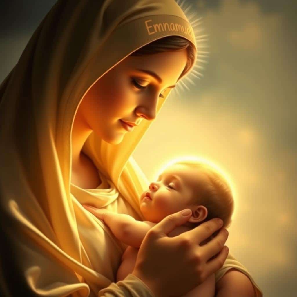 A serene, heavenly portrait of the Virgin Mary tenderly holding the infant Jesus, their faces aglow with a divine radiance. The Virgin's expression is one of pure love and maternal devotion, as she gazes down at the child in her arms, whose name "Emmanuel" is written across a shimmering halo above his head. The scene is bathed in a warm, golden light, as if illuminated by a celestial glow, with soft, diffuse shadows adding depth and dimension. The background is a tranquil, ethereal realm, hinting at the sacred nature of this holy moment. The composition is balanced and harmonious, drawing the viewer's eye to the central figures and the profound significance of the child's name.
