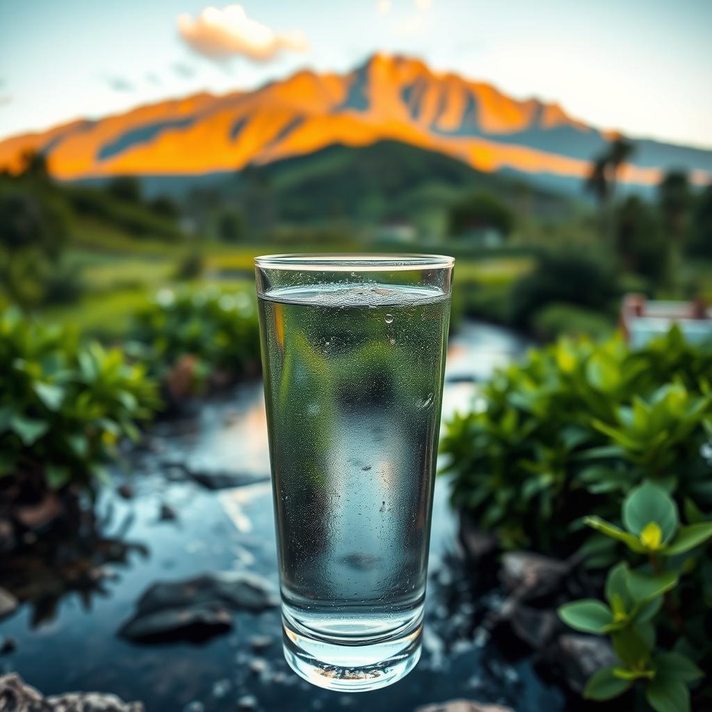 A serene, hydrating oasis with a crystal-clear glass of water in the foreground, its surface reflecting the natural light. In the middle ground, a lush, verdant landscape with thriving plants and a tranquil stream winding through. The background features a picturesque mountain range, bathed in a warm, golden glow from the setting sun. The overall scene conveys a sense of balance, rejuvenation, and the restorative power of staying hydrated. Captured with a wide-angle lens, the image has a calming, cinematic quality, inviting the viewer to immerse themselves in the essence of optimal hydration.