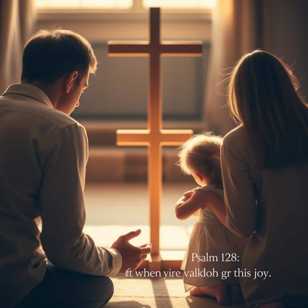 A serene, intimate scene of a family gathered in prayer. The father, mother, and child kneel humbly before a simple wooden cross, their faces uplifted in reverence. Soft, golden light bathes the scene, casting warm, gentle shadows that evoke a sense of peace and devotion. The background is blurred, drawing the viewer's focus to the central figures and their expression of piety and gratitude. The overall composition conveys the essence of Psalm 128: a household blessed by the fear of the Lord, where the righteous find joy in walking in His ways.