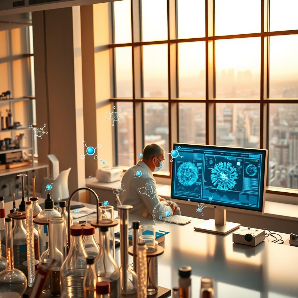 A serene laboratory environment, bathed in warm, natural lighting filtering through tall windows. In the foreground, an array of scientific instruments, test tubes, and holographic displays showcasing intricate molecular diagrams. The middle ground features researchers in white coats, intently studying data on their computer screens, representing the practical application of longevity research. In the background, a large panoramic view of a bustling city skyline, hinting at the broader societal impact of advancements in longevity science. The atmosphere is one of focused inquiry, innovation, and a sense of progress towards extending the human lifespan.