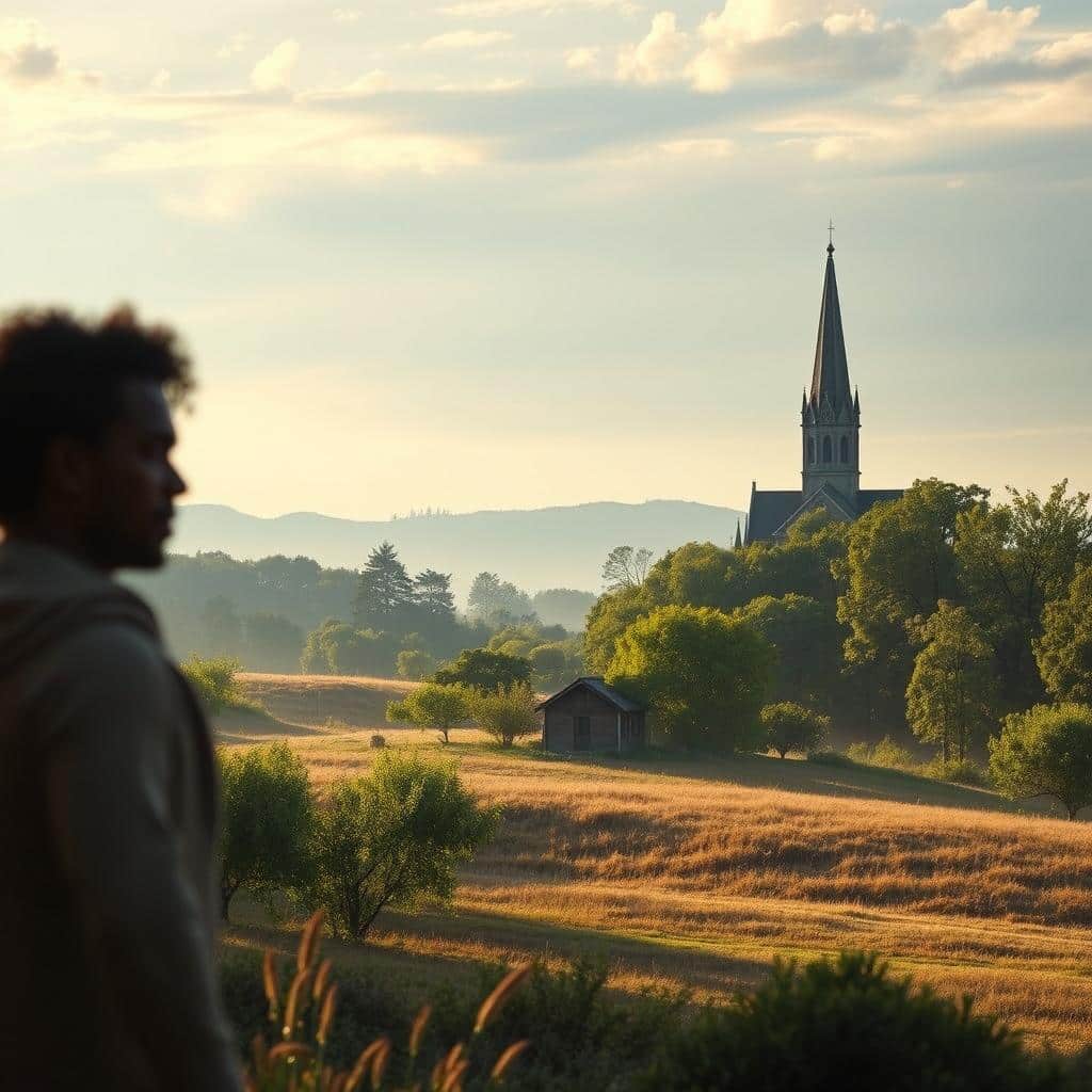 A serene landscape bathed in soft, warm lighting. In the foreground, a figure stands vigilantly, eyes fixed on the horizon, embodying the mindset of watchful waiting. In the middle ground, a small, cozy home nestled among lush greenery, symbolic of the preparation for the coming celebration. Beyond, in the distance, a grand cathedral rises, its steeple piercing the sky, a beacon of justice and righteousness. The overall atmosphere is one of anticipation, hope, and a quiet determination to make ready for the arrival of the divine.