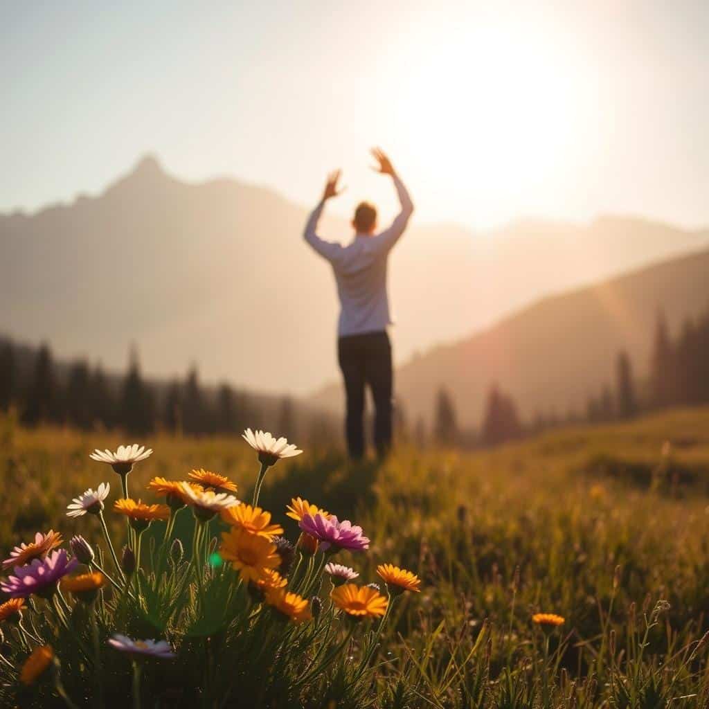 A serene landscape, bathed in warm, golden light, with a central figure of a person standing tall and resolute, their hands raised in a gesture of blessing. The figure is surrounded by a halo of shimmering light, symbolizing divine grace and protection. In the foreground, clusters of lush, vibrant wildflowers bloom, their petals gently swaying in a gentle breeze. In the background, a majestic mountain range rises, its peaks capped with snow, conveying a sense of unwavering strength and endurance. The overall atmosphere is one of tranquility, faith, and a deep, abiding resilience in the face of life's challenges.