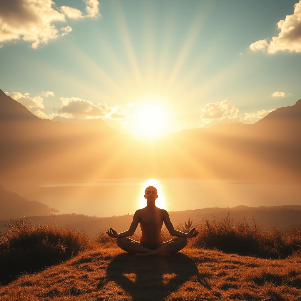 A serene landscape bathed in warm, golden light. In the foreground, a figure sits in a meditative pose, their face peaceful and radiant. Rays of light emanate from their body, symbolizing a state of spiritual enlightenment. The middle ground features a tranquil lake, its surface reflecting the sky above, creating a sense of balance and harmony. In the background, majestic mountains rise, their peaks touching the clouds, evoking a feeling of awe and connection to the divine. The scene is infused with a sense of calm, contemplation, and a deep inner peace, inviting the viewer to find their own path to spiritual awakening.