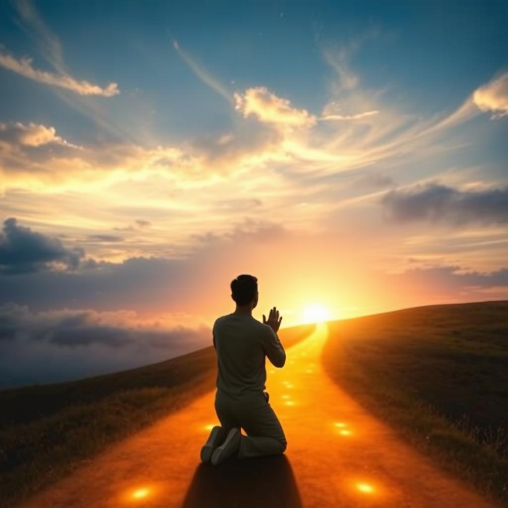 A serene landscape with a glowing pathway leading to the horizon, illuminated by a warm, heavenly light. In the foreground, a figure kneels in prayer, their hands clasped and face uplifted, expressing a sense of peace and unwavering faith. Wispy clouds drift across the sky, casting ethereal shadows on the scene. The overall atmosphere conveys a profound sense of spiritual reassurance, guiding the viewer towards a transcendent escape from earthly burdens.