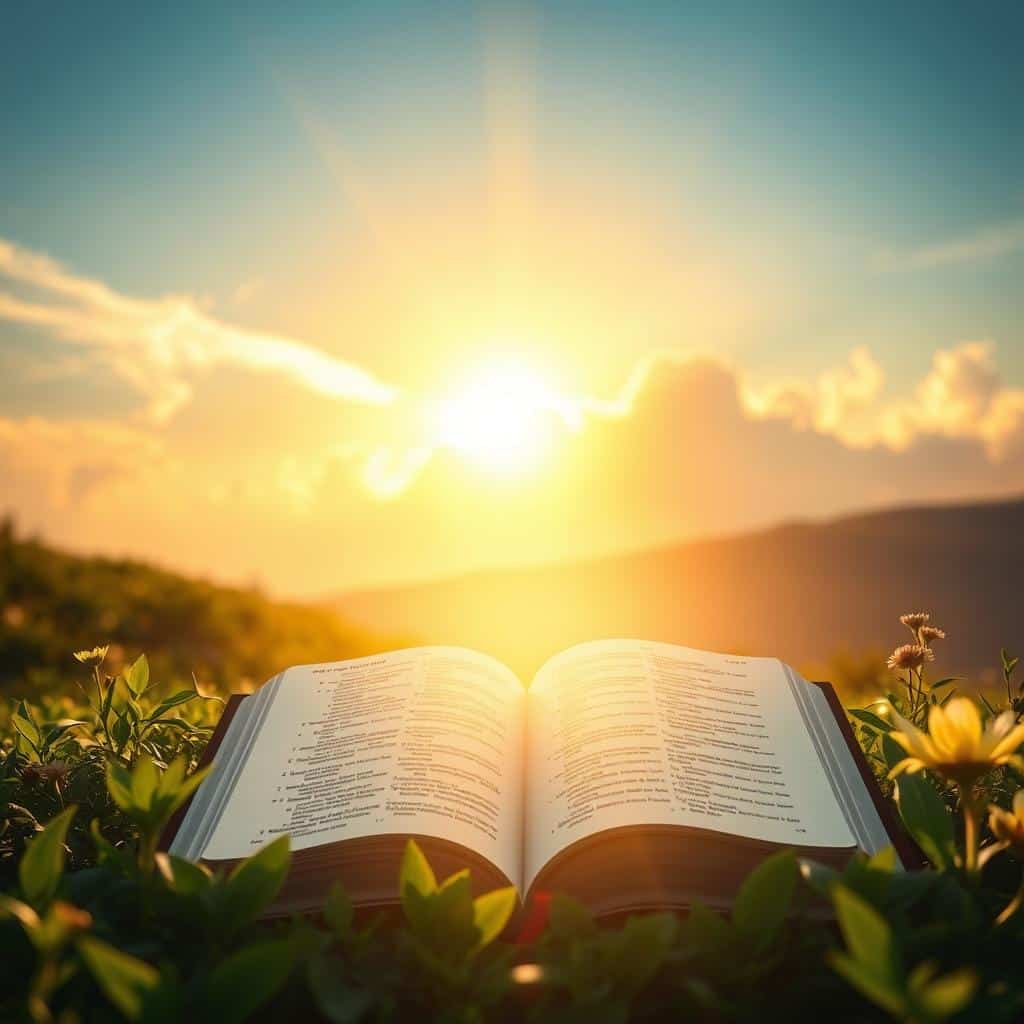 A serene, luminous landscape with an open Bible at the center, its pages glowing with divine light. The text on the pages is indistinct, suggesting the sacred, healing words within. Surrounding the Bible are lush, verdant plants and flowers, symbolizing the restorative power of faith. The scene is bathed in a warm, gentle light, creating an atmosphere of tranquility and restoration. In the background, a glowing sun peers through wispy clouds, casting a golden glow over the entire composition. The overall mood is one of peace, healing, and spiritual nourishment.