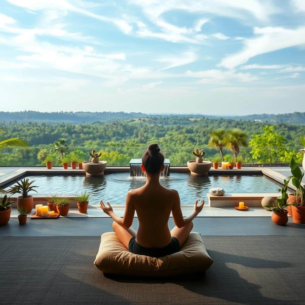 A serene meditation sanctuary, bathed in soft morning light. In the foreground, a person sits cross-legged on a plush meditation cushion, eyes closed, hands resting gently on their lap. Behind them, a tranquil water feature with a gentle waterfall cascades, its soothing sounds adding to the calming atmosphere. The middle ground features an array of potted plants and candles, creating a natural, soothing ambiance. The background showcases a panoramic view of a lush, verdant garden, with a clear sky and wispy clouds overhead. The overall mood is one of deep introspection, focus, and inner peace.