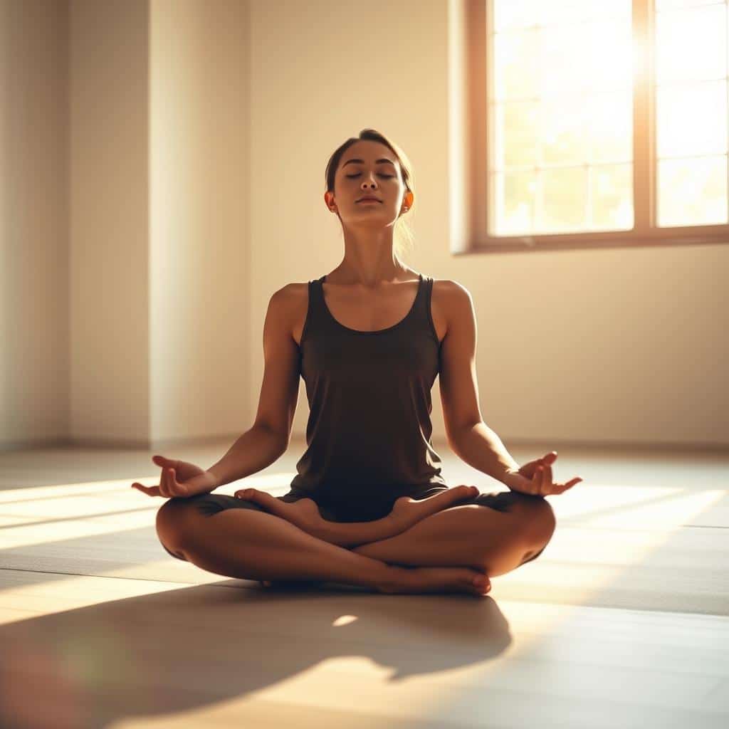 A serene meditation scene, a person sitting cross-legged in a lotus position, their eyes closed in deep focus. Soft, natural lighting filters through a large window, casting a warm glow on the scene. The background is a minimalist, Zen-inspired room with clean lines and muted colors, promoting a sense of calm and clarity. The person's expression is one of deep concentration, their face radiant with an inner peace. The camera angle is slightly elevated, giving a bird's-eye view of the meditator, emphasizing the introspective nature of the practice. The overall mood is one of tranquility, attention, and a heightened state of awareness.