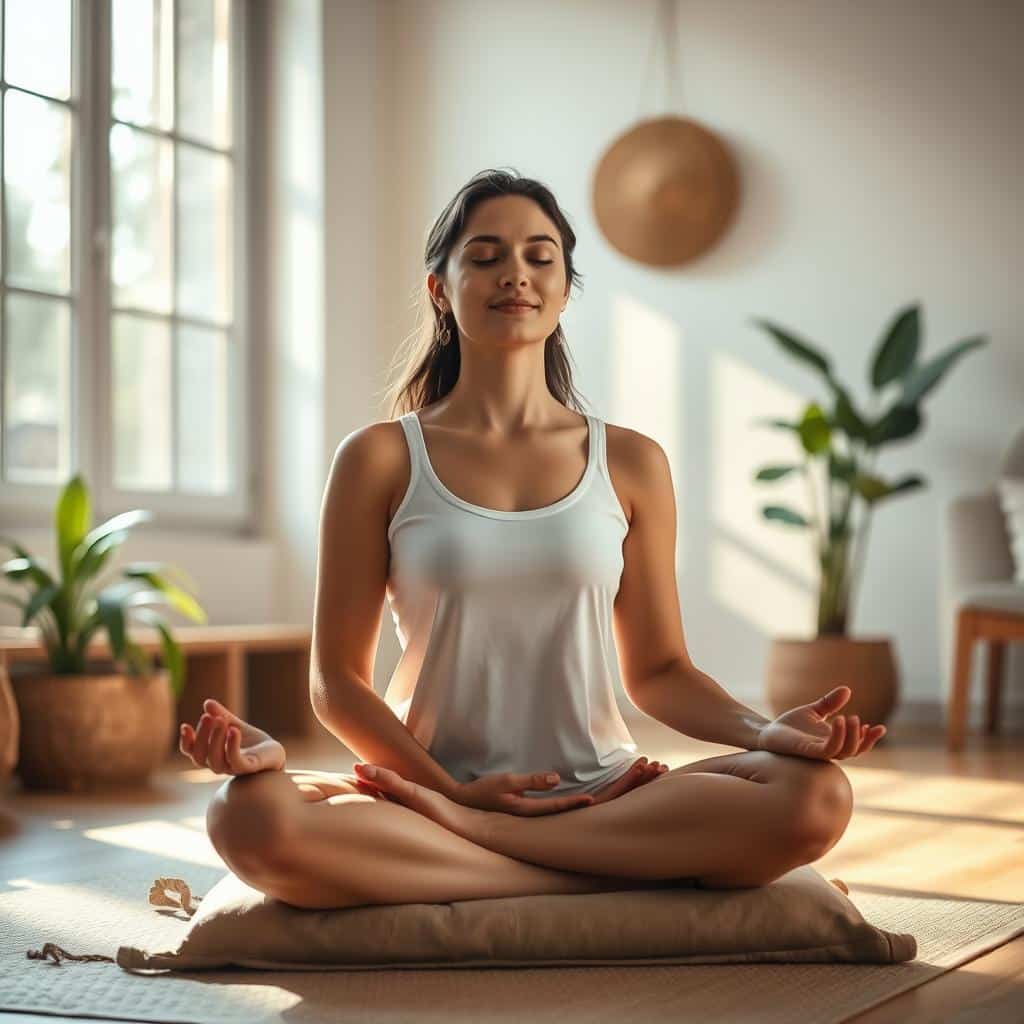 A serene meditation space with a woman sitting cross-legged on a cushion, eyes closed, hands resting on her lap. Soft natural lighting filters in from a large window, casting a warm glow. In the background, a minimalist room with wooden accents and plants, creating a calming, nature-inspired atmosphere. The woman's posture is relaxed, her expression peaceful, conveying a sense of inner focus and tranquility. The overall scene evokes a sense of harmony, mindfulness, and a dedicated daily meditation practice.