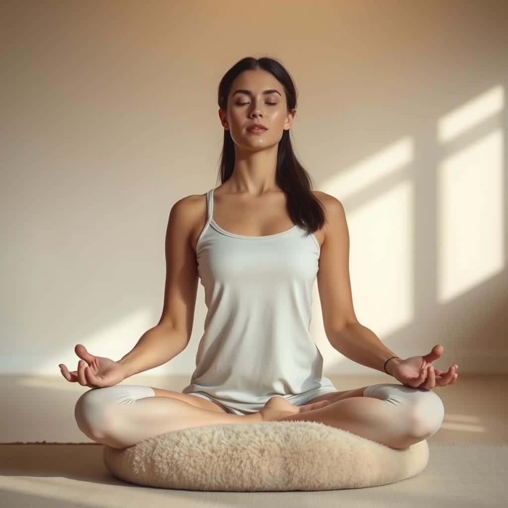 A serene, meditative scene depicting a woman performing a body scan meditation. The figure is seated in a lotus position on a plush, beige cushion, surrounded by soft, warm lighting that filters through a window. The background features a minimalist, zen-inspired space with clean lines and neutral tones, creating a calming, introspective atmosphere. The woman's eyes are closed, her expression serene, as she focuses inwardly, gently scanning her body from head to toe, heightening her self-awareness and connection to the present moment. The overall composition and mood evoke a sense of tranquility, mindfulness, and personal rejuvenation.