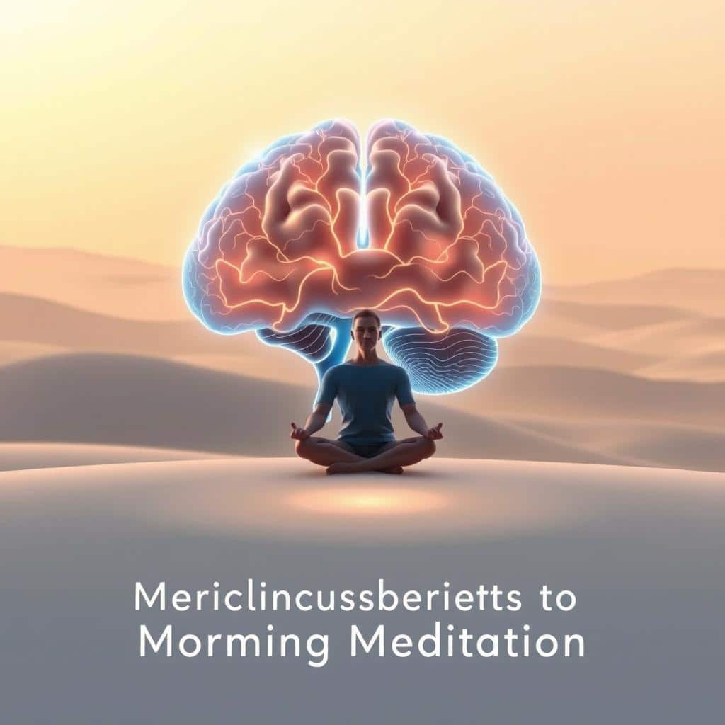 A serene, minimalist composition depicting the neurological benefits of morning meditation. In the foreground, a glowing human brain with intricate neural pathways, symbolizing the increased brain activity and connectivity associated with regular meditation practice. In the middle ground, a meditating figure sits in a lotus position, their expression peaceful and focused. Soft, warm lighting bathes the scene, creating a calming atmosphere. The background features a simple, abstract landscape with gentle hills and a soft, hazy sky, evoking a sense of tranquility and mindfulness. The overall image conveys the profound impact of morning meditation on the brain, mind, and overall well-being.