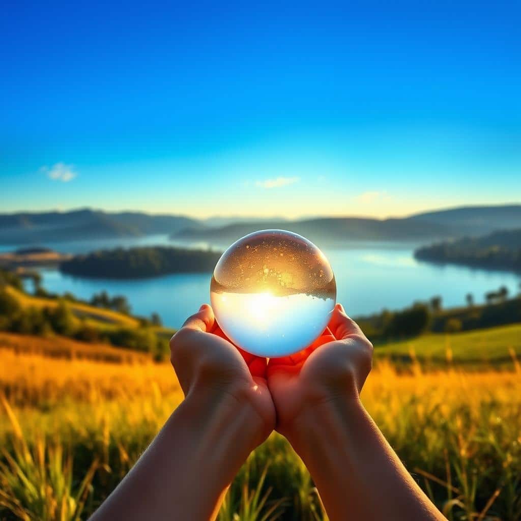 A serene morning landscape, bathed in warm golden light. In the foreground, a pair of hands cupped together, holding a glowing crystal sphere symbolizing intentions and gratitude. The middle ground features a tranquil lake, its still waters reflecting the surrounding lush greenery and a cloudless blue sky. In the distance, rolling hills dotted with trees sway gently in a soft breeze. The scene evokes a sense of calm, contemplation, and a connection to the natural world, guiding the viewer's day with mindfulness and appreciation.