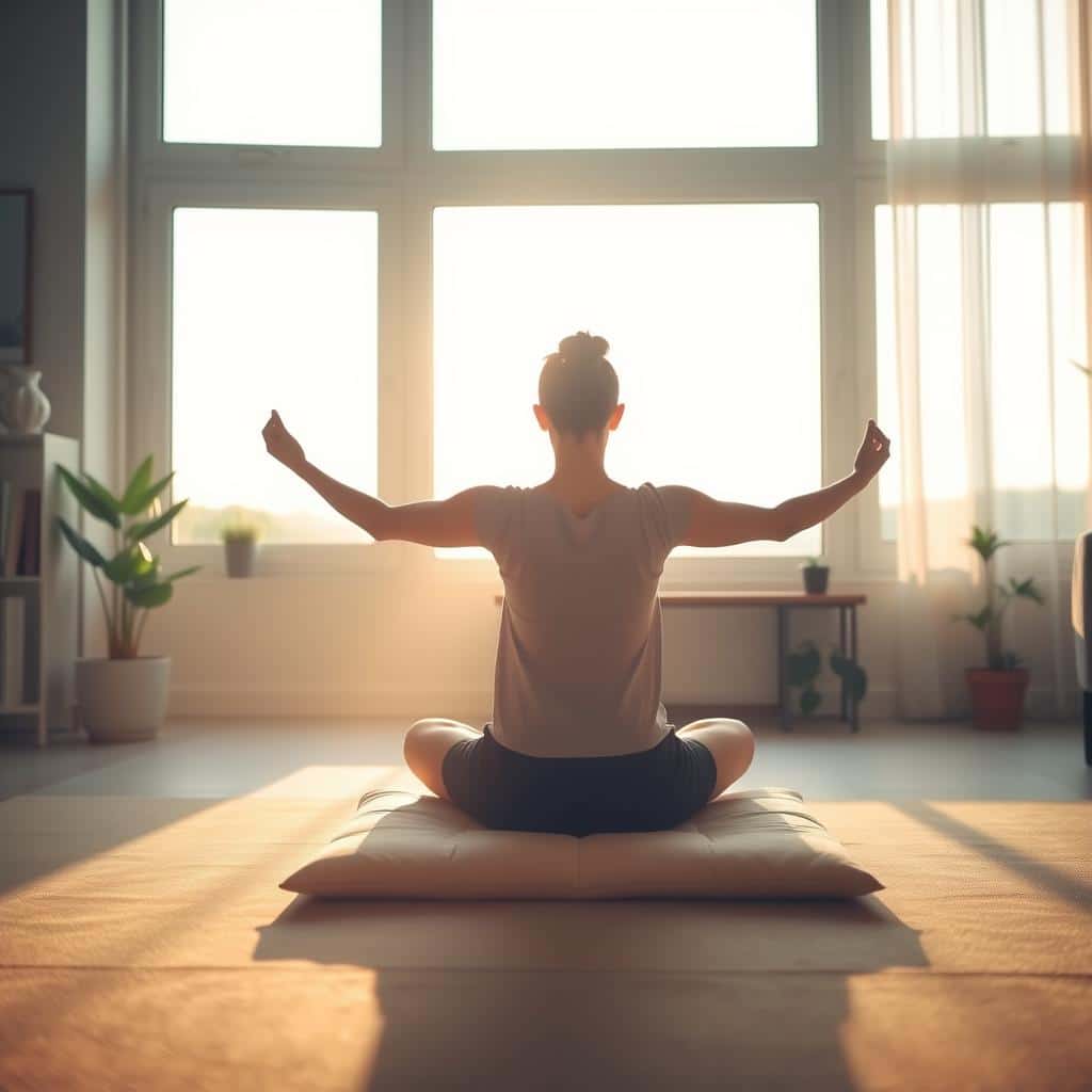 A serene morning scene, a person sitting cross-legged on a meditation cushion, bathed in soft, warm light filtering through large windows. Their posture is relaxed yet attentive, hands resting gently on their lap. The background features minimal, soothing decor - a few potted plants, a bookshelf, and a view of a tranquil outdoor landscape. The atmosphere is one of calm, introspection, and gentle movement, as the person gracefully extends their arms and shoulders in a subtle flowing yoga pose. The lighting is natural, with a slight hazy glow, creating a sense of peace and mindfulness. The camera angle is slightly elevated, giving an intimate, contemplative perspective.