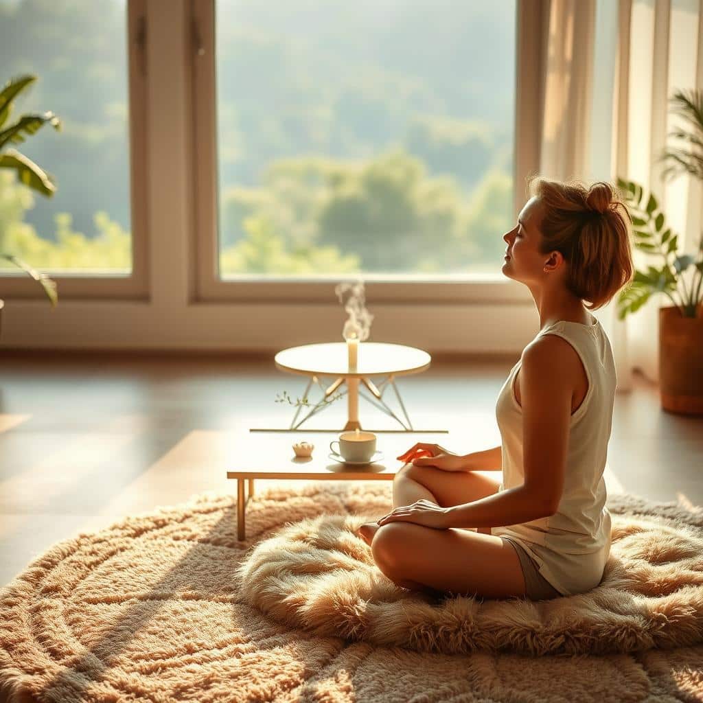 A serene morning scene, bathed in soft, warm light. In the foreground, a person sitting cross-legged on a cozy, plush rug, their eyes closed in peaceful meditation. The middle ground features a simple, minimalist table with a single lit candle, a cup of steaming tea, and a few small, natural elements like a sprig of greenery. The background depicts a tranquil, nature-inspired setting, with a large window overlooking a lush, verdant landscape. The overall atmosphere is one of tranquility, mindfulness, and a gentle, grounding energy to start the day.