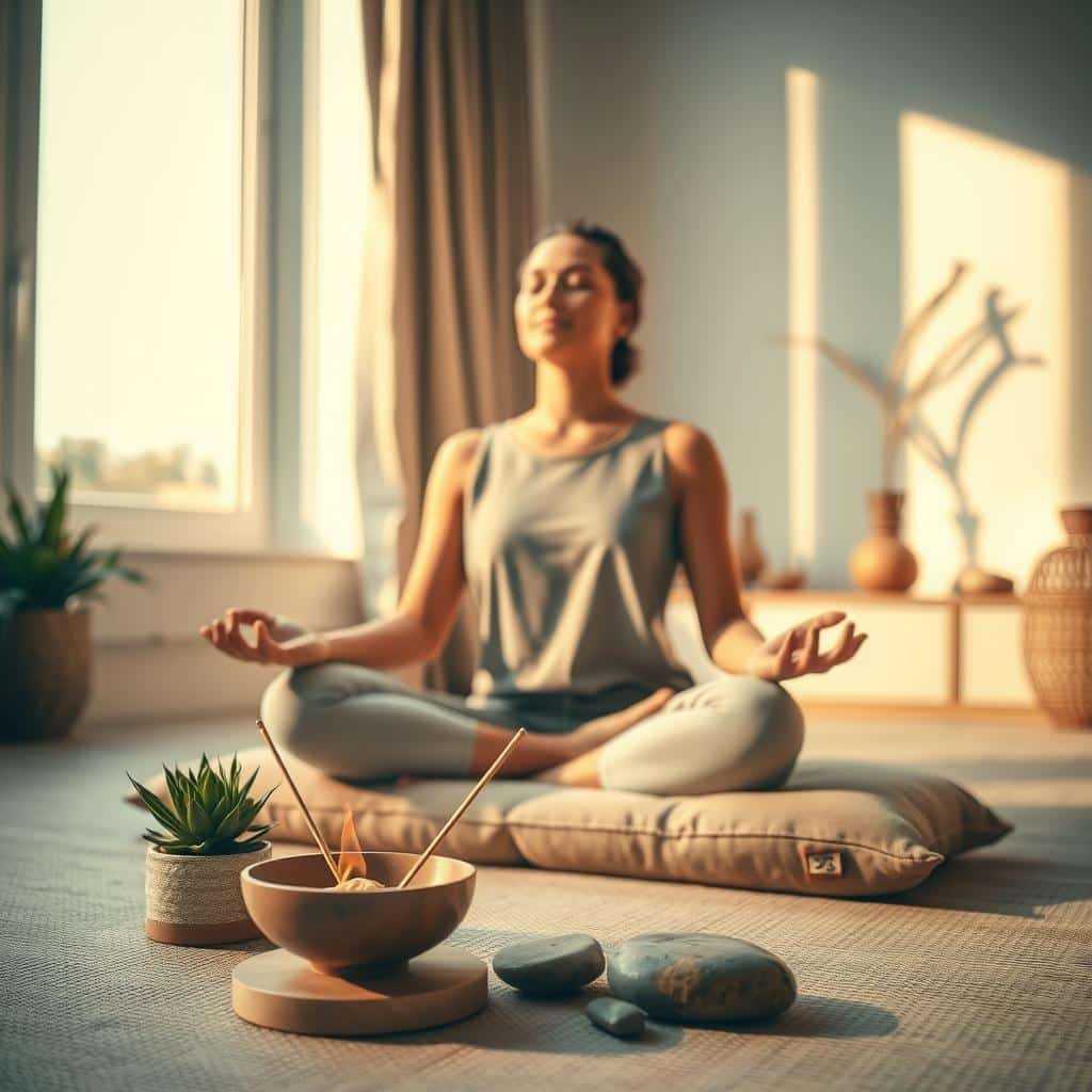 A serene morning scene, captured through a warm, soft-focus lens. In the foreground, a person sits cross-legged on a plush cushion, eyes closed in peaceful meditation. Gentle sunlight filters through a window, casting a golden glow across the room. Surrounding the meditator, an arrangement of calming elements - a bowl of fragrant incense, a small succulent, and a few smooth river stones. In the background, a minimalist, zen-inspired decor with clean lines and natural materials, creating a tranquil atmosphere conducive to mindfulness and inner reflection.