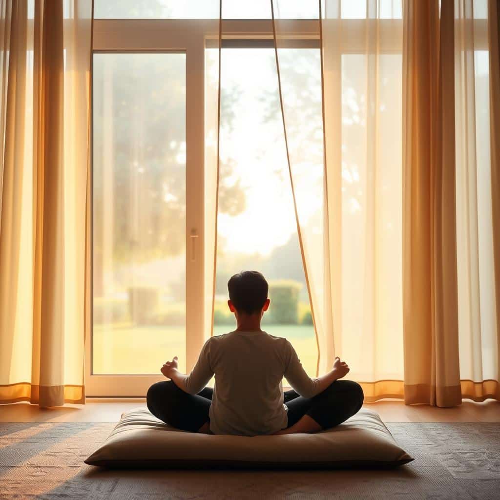 A serene morning scene of a person sitting cross-legged on a meditation cushion, facing a large window overlooking a tranquil garden. Warm, diffused natural light filters through sheer curtains, casting a peaceful glow. The meditator's eyes are closed, their expression calm and focused. In the background, lush greenery and the faint silhouettes of trees are visible, suggesting a secluded, contemplative setting. The overall atmosphere is one of serenity, mindfulness, and a sense of being guided through a rejuvenating morning meditation practice.