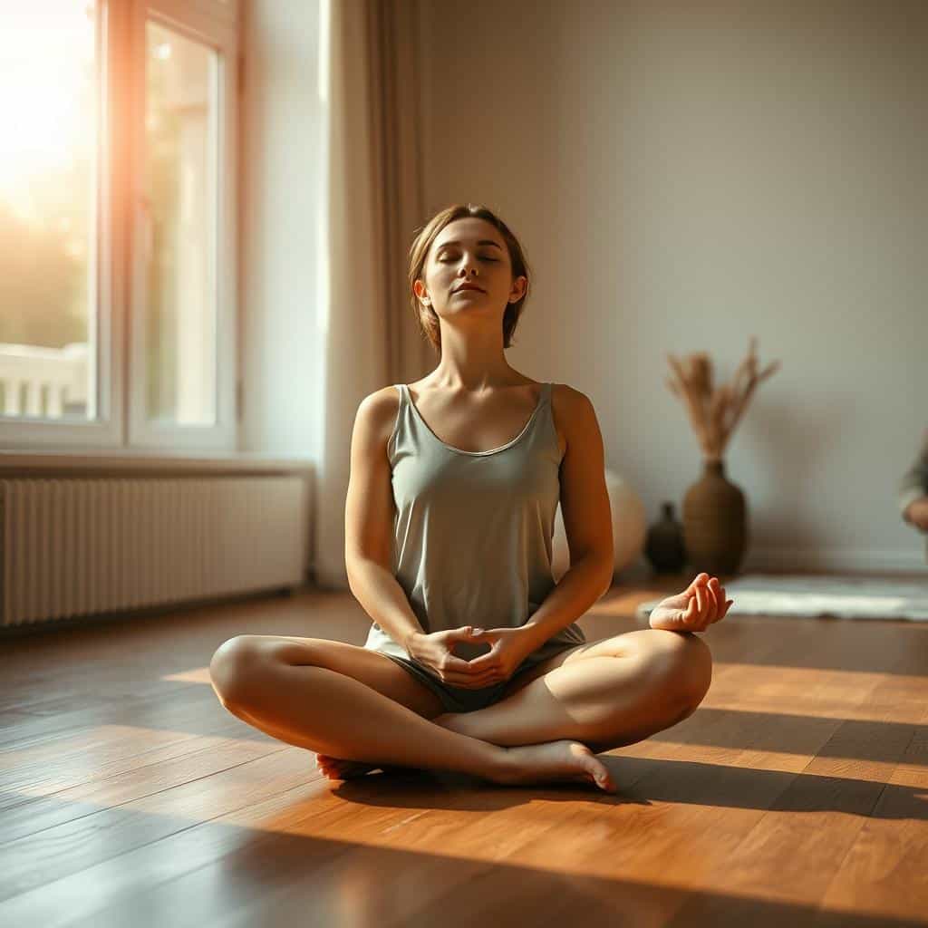 A serene morning scene of a person sitting cross-legged on a wooden floor, eyes closed, palms resting on their knees in a meditative pose. Warm, natural lighting filters in through a large window, casting a soft glow on their face. In the background, a minimalist interior with muted tones and simple decor creates a calming, distraction-free environment. The atmosphere is one of tranquility and introspection, inviting the viewer to join in the peaceful meditation practice.
