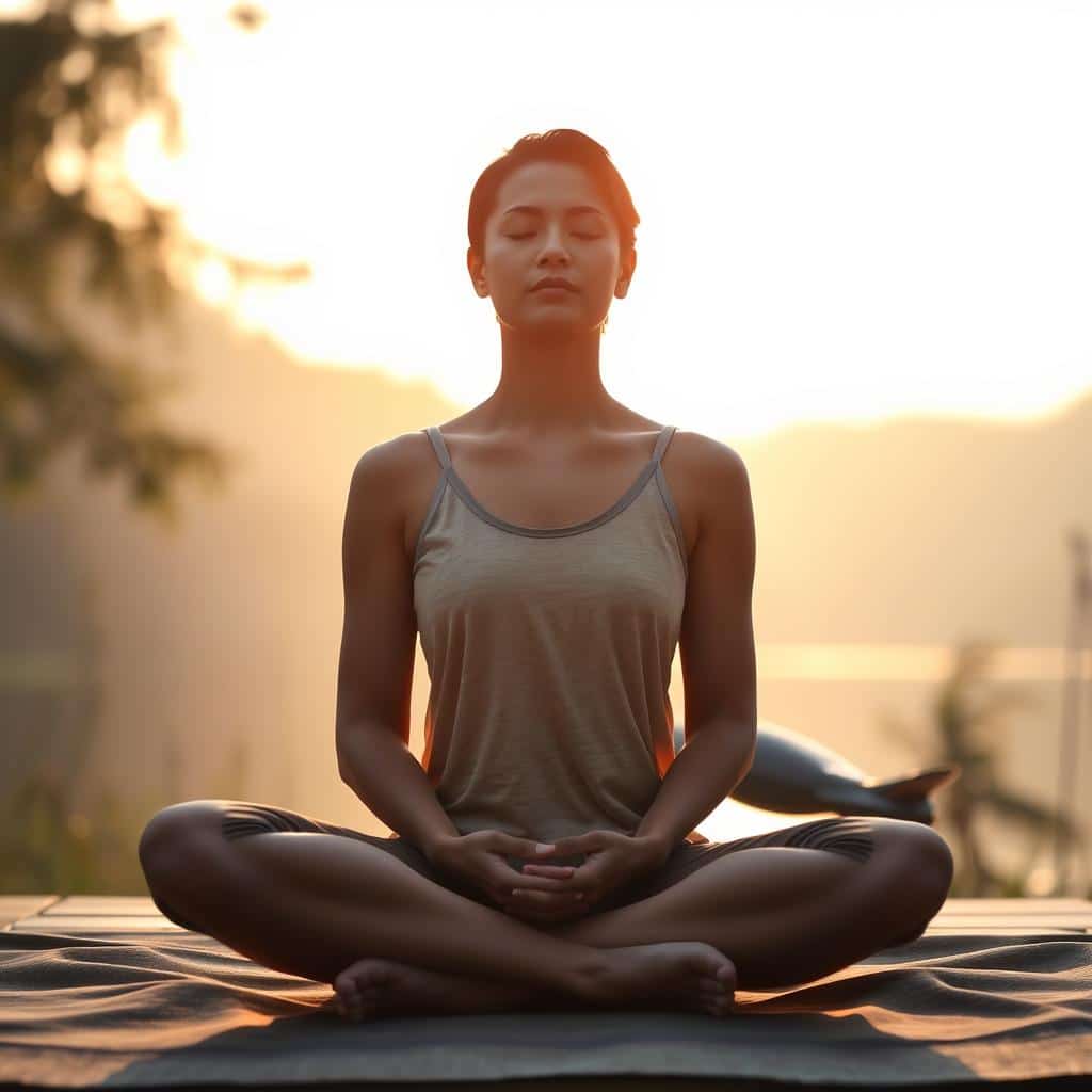 A serene morning setting with a person sitting cross-legged in a peaceful meditation pose, their eyes closed and hands resting gently on their lap. Warm, diffused lighting from the rising sun casts a soft glow over the scene, creating a sense of tranquility. The background features a tranquil natural landscape, such as a lakeside or a lush forest, further enhancing the calming atmosphere. The person's expression conveys a sense of deep focus and inner peace, embodying the essence of a morning meditation practice. The overall composition and mood evoke a sense of harmony, inviting the viewer to find their own inner peace and grounding.