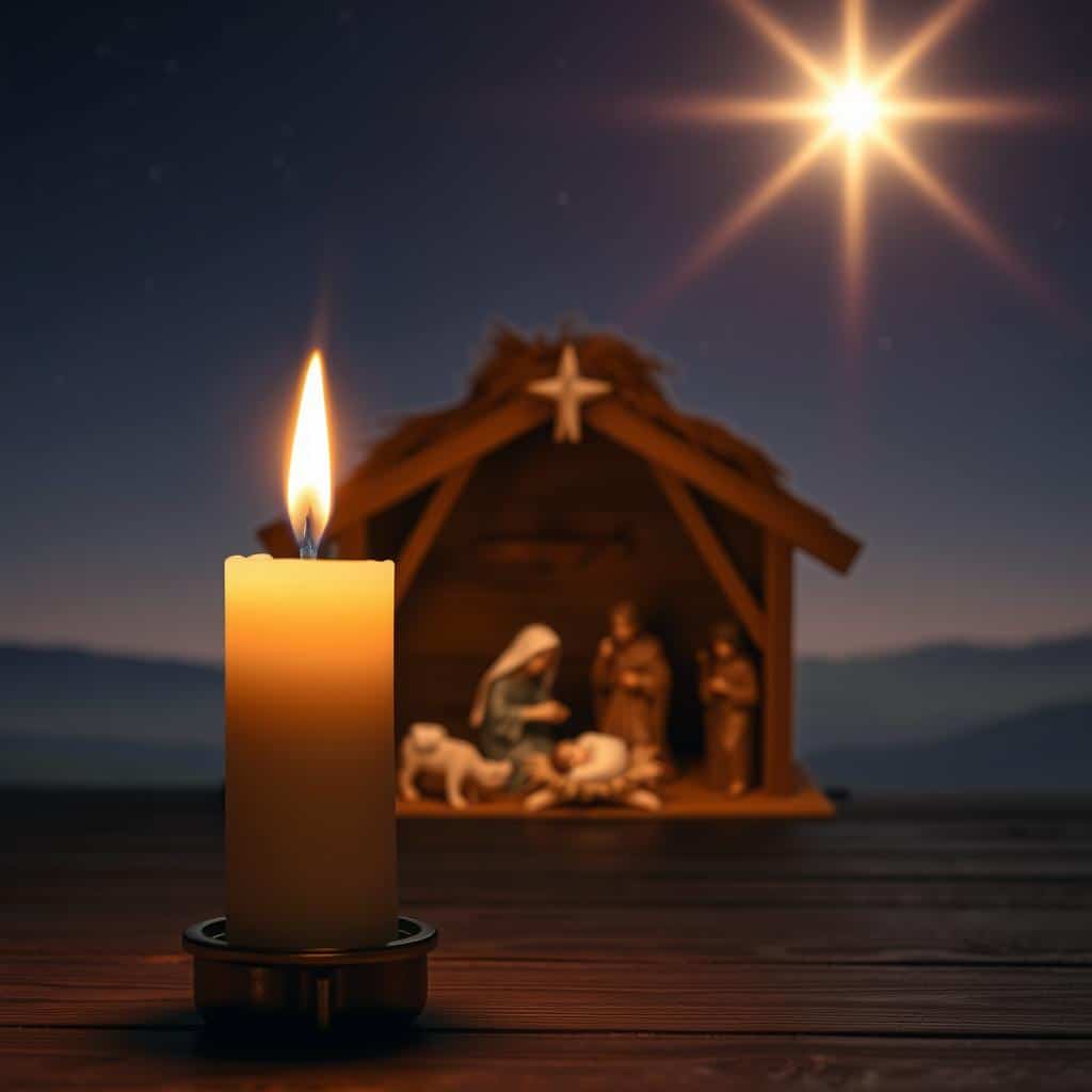 A serene nativity scene bathed in the warm glow of candlelight. In the foreground, a glowing white candle sits atop a wooden table, its flickering flame casting a soft, heavenly light across the manger scene. The middle ground features the humble stable, with the Christ child sleeping peacefully in the manger, surrounded by the awestruck figures of Mary, Joseph, and adoring shepherds. The background is a tranquil, starry night sky, with a brilliant guiding star shining down from above, illuminating the sacred moment. The scene evokes a sense of reverence, wonder, and the divine presence of the newborn Savior.