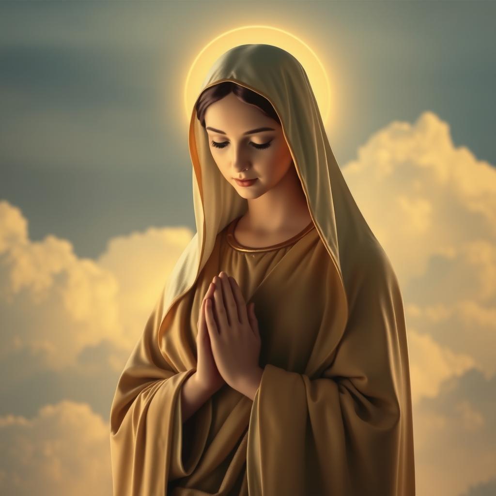 A serene portrait of Mary, the Mother of God, depicted in a warm, glowing light. She stands in the foreground, her eyes downcast and her expression serene, her hands clasped in a gesture of prayerful contemplation. Behind her, a subtly blurred background of ethereal, heavenly clouds lends an air of divinity and transcendence. The lighting is soft and diffuse, casting a gentle, halo-like glow around her head, emphasizing her holy status. The overall mood is one of reverence, devotion, and a sense of the sacred.