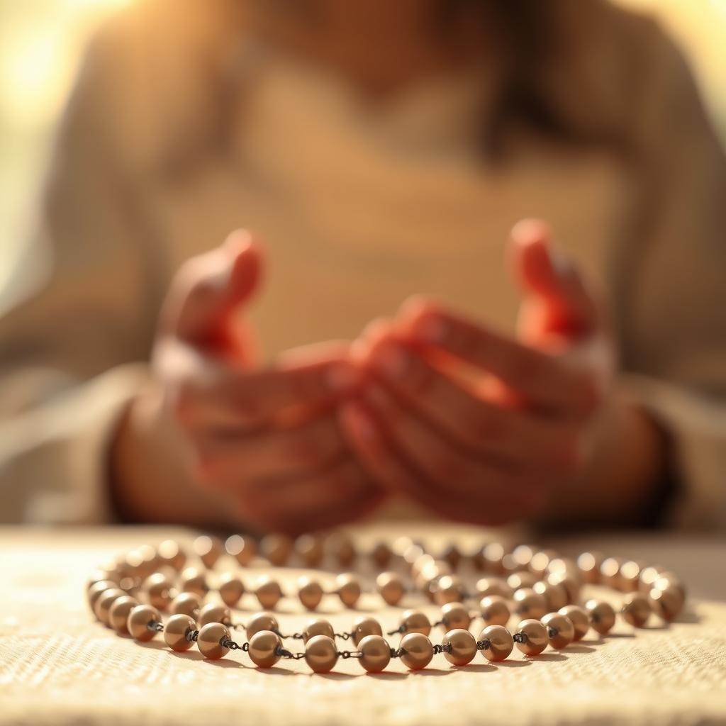 A serene rosary guide set against a warm, diffused light. In the foreground, a string of glistening rosary beads rests on a soft, tactile surface. In the middle ground, the outline of hands gently holding the beads, fingers moving with reverence. The background fades into a hazy, atmospheric setting, suggestive of a contemplative, meditative space. The overall scene conveys a sense of tranquility, devotion, and the sacred ritual of praying the rosary.