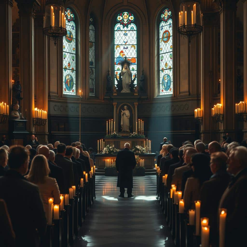 A serene sanctuary adorned with flickering candles and ornate religious artifacts, illuminating a peaceful gathering of faithful souls bowed in reverent prayer. Soft, diffused lighting casts a warm, contemplative glow over the scene, while stained glass windows filter sunlight, casting ethereal patterns across the floor. In the center, a simple altar or memorial stands as a solemn focal point, surrounded by worshippers lost in silent meditation, their expressions reflecting the solemnity and gravity of the occasion. An atmosphere of quiet contemplation and spiritual introspection permeates the space, inviting the viewer to join in honoring the departed.