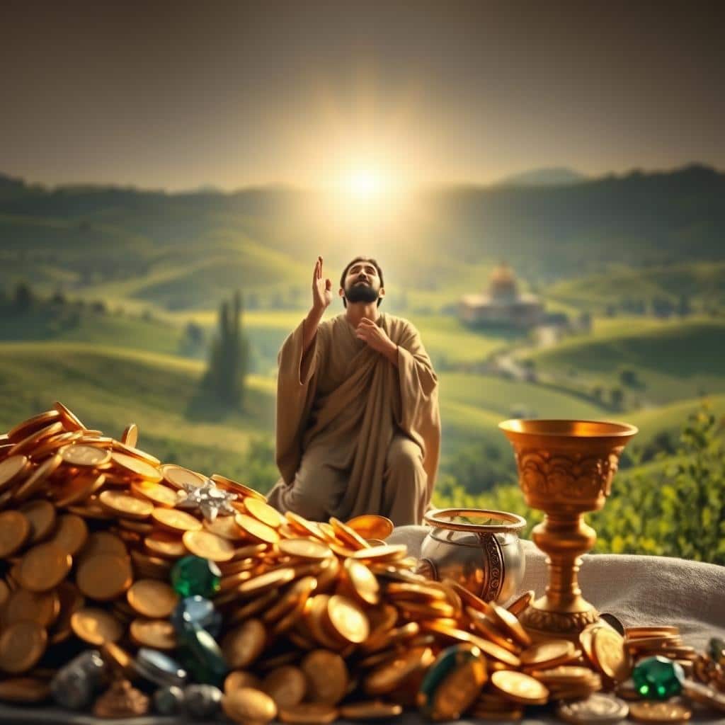 A serene, softly-lit biblical scene. In the foreground, a bountiful collection of gold coins, precious stones, and ornate chalices, symbolizing the prosperity and wealth promised to those who seek God's kingdom first. In the middle ground, a figure in robes kneels in prayer, hands raised in reverence, their face illuminated by a divine light. Behind them, a lush, verdant landscape with rolling hills and a distant temple, conveying a sense of spiritual tranquility and abundance. The composition is balanced, the lighting warm and inviting, evoking a feeling of timeless wisdom and divine providence.