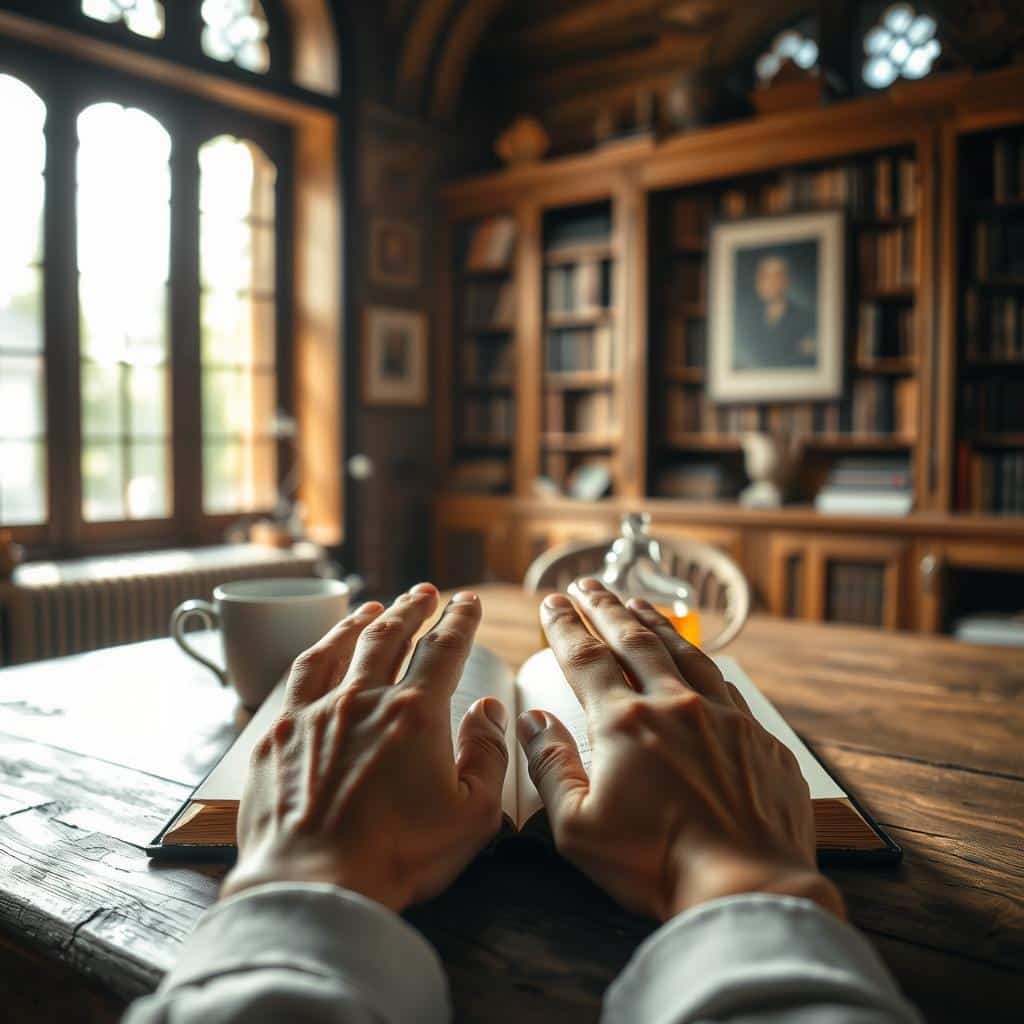 A serene study, illuminated by warm, natural light filtering through tall windows. On a weathered oak table, an open book lies, its pages inviting contemplation. Beside it, a cup of steaming tea, wisps of steam curling upwards. In the foreground, a pair of worn, gentle hands rest, palms up, a posture of reverence and receptivity. The background is softly blurred, emphasizing the intimate, contemplative moment. The atmosphere is one of quiet focus, a sanctuary for the mind and spirit to engage with the written word. A scene of reading as a sacred act, a dialogue between text and soul.