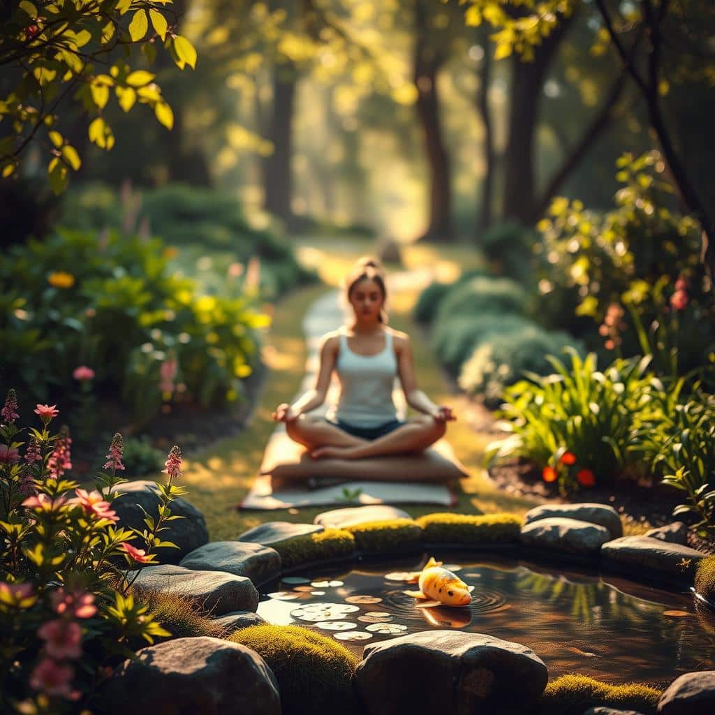 A serene, sun-dappled garden setting, with a person sitting cross-legged on a meditation cushion, eyes closed, hands resting gently in their lap. The foreground features vibrant, lush greenery - flowering plants, mossy stones, and a tranquil koi pond. In the middle ground, a path winds through the garden, leading the viewer's gaze towards the meditating figure. The background is softly blurred, suggesting a sense of peaceful isolation. Warm, golden light filters through the trees, creating a calming, contemplative atmosphere. The overall scene evokes a feeling of mindfulness, inner peace, and a connection with the natural world.