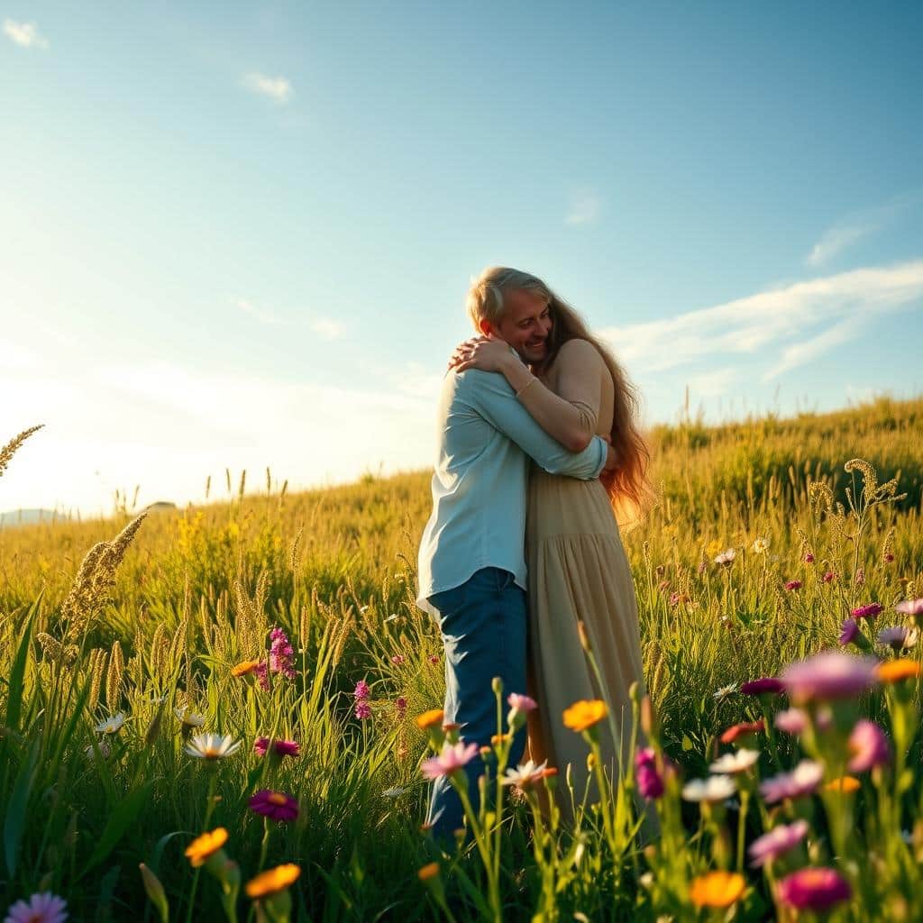 A serene, sun-dappled meadow, where two figures embrace, their bodies intertwined in a loving, harmonious dance. The foreground showcases the couple's tender caress, their expressions radiating pure joy and contentment. In the middle ground, lush greenery and vibrant wildflowers sway gently in a soft breeze, creating a sense of tranquility and natural abundance. The background features a clear, azure sky with wispy clouds, suggesting an atmosphere of peace and divine blessings. Warm, golden lighting filters through the scene, casting a gentle, ethereal glow and emphasizing the sacred, spiritual nature of the moment. The overall composition exudes a sense of deep connection, unity, and the bountiful grace that nourishes healthy, thriving relationships.