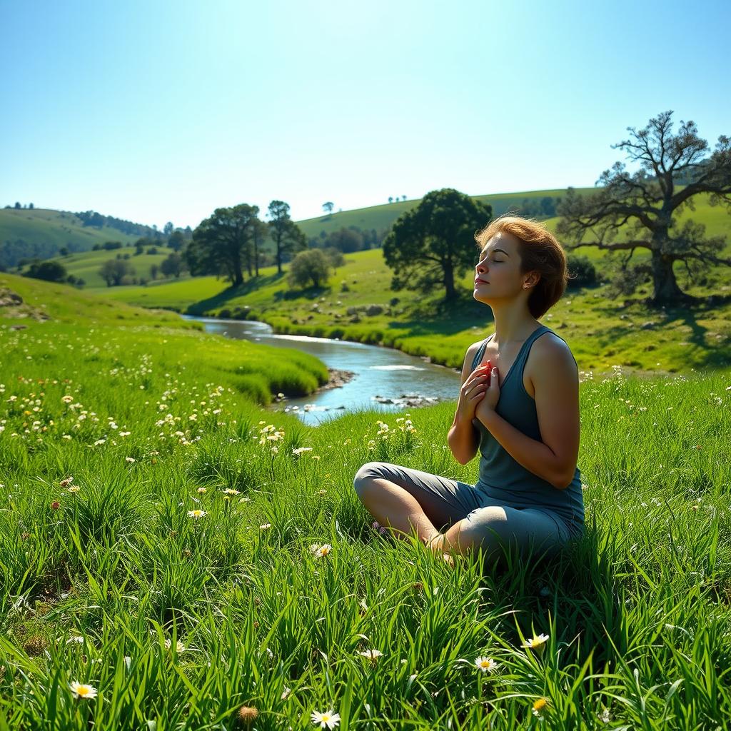 A serene, sun-dappled meadow with lush, verdant grass and scattered wildflowers. In the foreground, a person sits cross-legged, eyes closed, hands resting gently on their lap. Their expression is one of deep focus and tranquility as they practice mindful breathing, the rise and fall of their chest visible. The middle ground features a gently flowing stream, its surface mirroring the clear sky above. In the background, rolling hills dotted with towering, ancient trees create a sense of timelessness and connection to nature. The lighting is soft and diffused, creating a calming, meditative atmosphere.