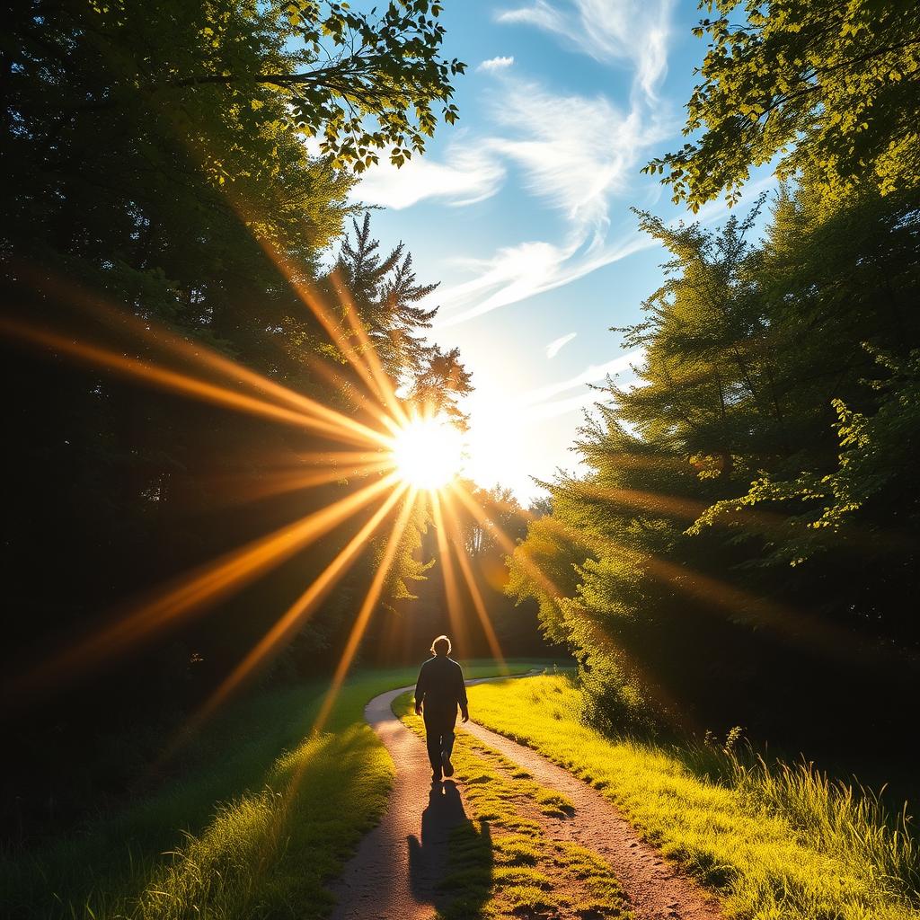 A serene, sun-dappled path winds through a lush, verdant forest. Beams of warm, golden light filter through the canopy, casting a peaceful, contemplative glow over the scene. In the foreground, a person walks calmly, their silhouette backlit by the radiant light, symbolizing the journey of walking in the light of wisdom and righteousness. Wispy clouds drift across a clear, azure sky, adding a sense of tranquility and timelessness. The composition invites the viewer to pause, reflect, and embrace the transformative power of walking in the light of Isaiah's vision of peace.