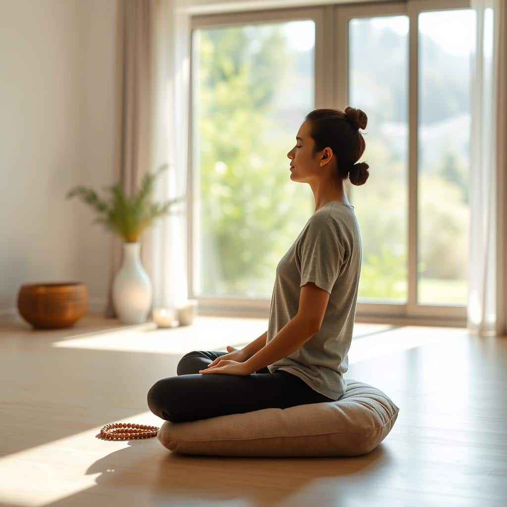 A serene, sun-dappled room with soft, natural lighting. In the foreground, a person sitting cross-legged on a plush meditation cushion, eyes closed, hands resting gently on their lap. The middle ground features a tranquil, minimalist setting with a few carefully curated decor elements, such as a small potted plant, a candle, and a set of meditation beads. The background showcases a calming, out-of-focus view through a large window, perhaps overlooking a lush, verdant garden or a peaceful, natural landscape. The overall atmosphere conveys a sense of calm, focus, and inner peace - the perfect scene for a beginner's morning meditation session.